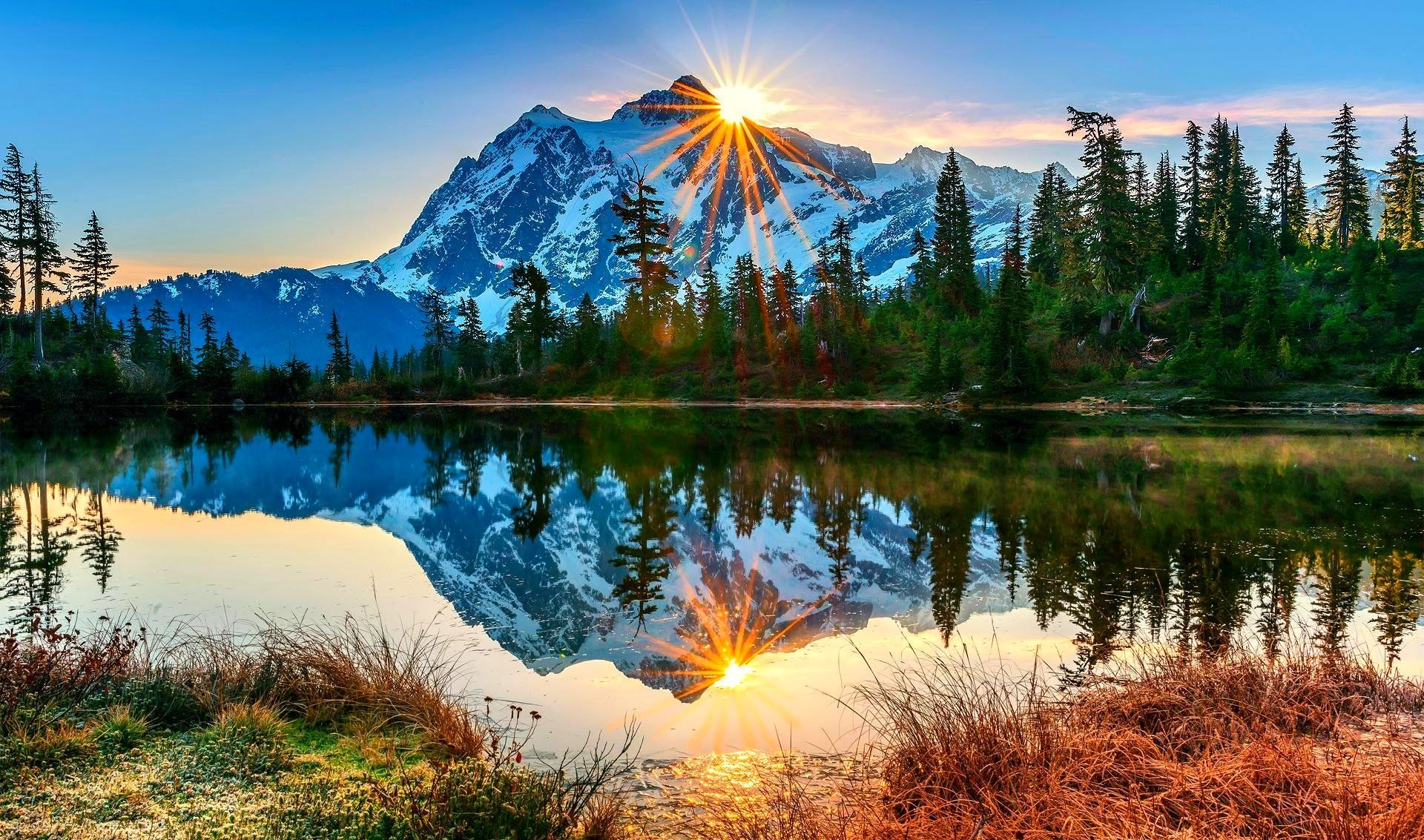 trees, reflection, forest, snowy peaks, lake, mountains, grass, beautiful, sunrise wallpaper