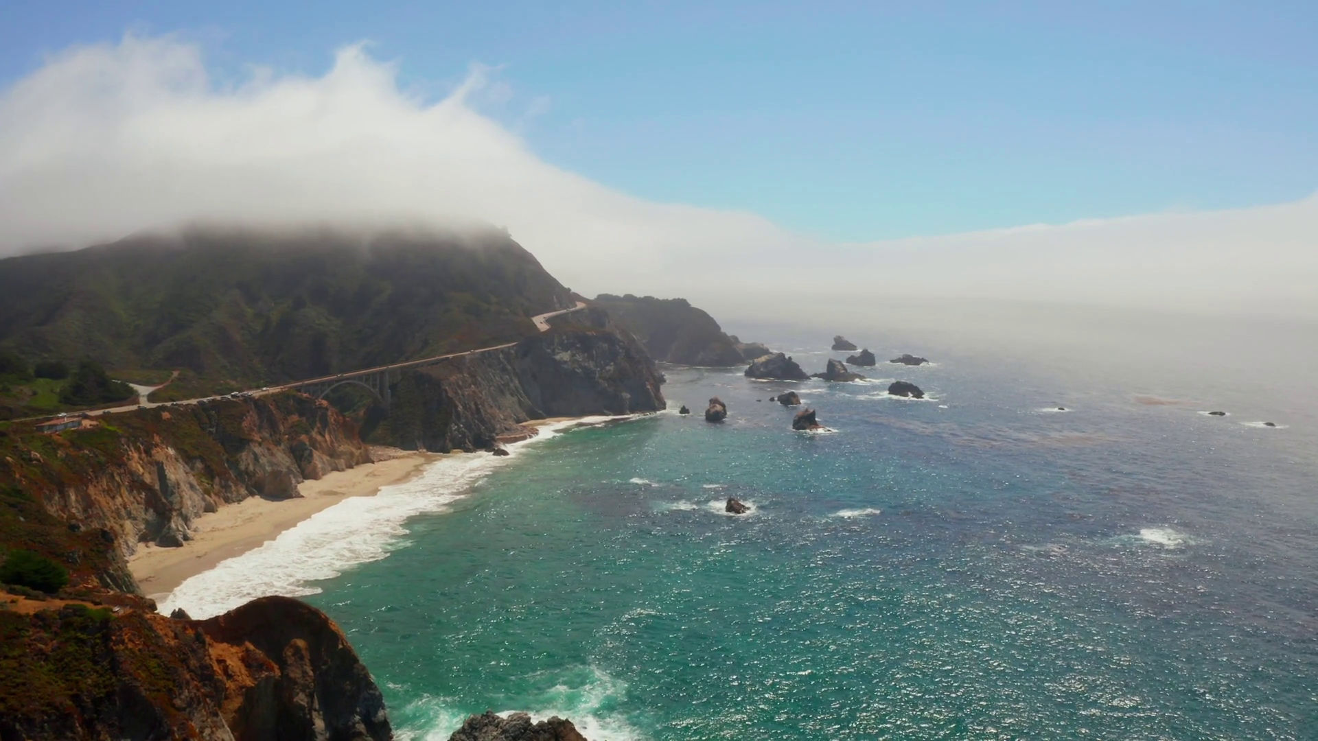 Aerial view of the Pacific Coast Highway (Highway 1) at southern end of Big Sur, California. Stock Video Footage