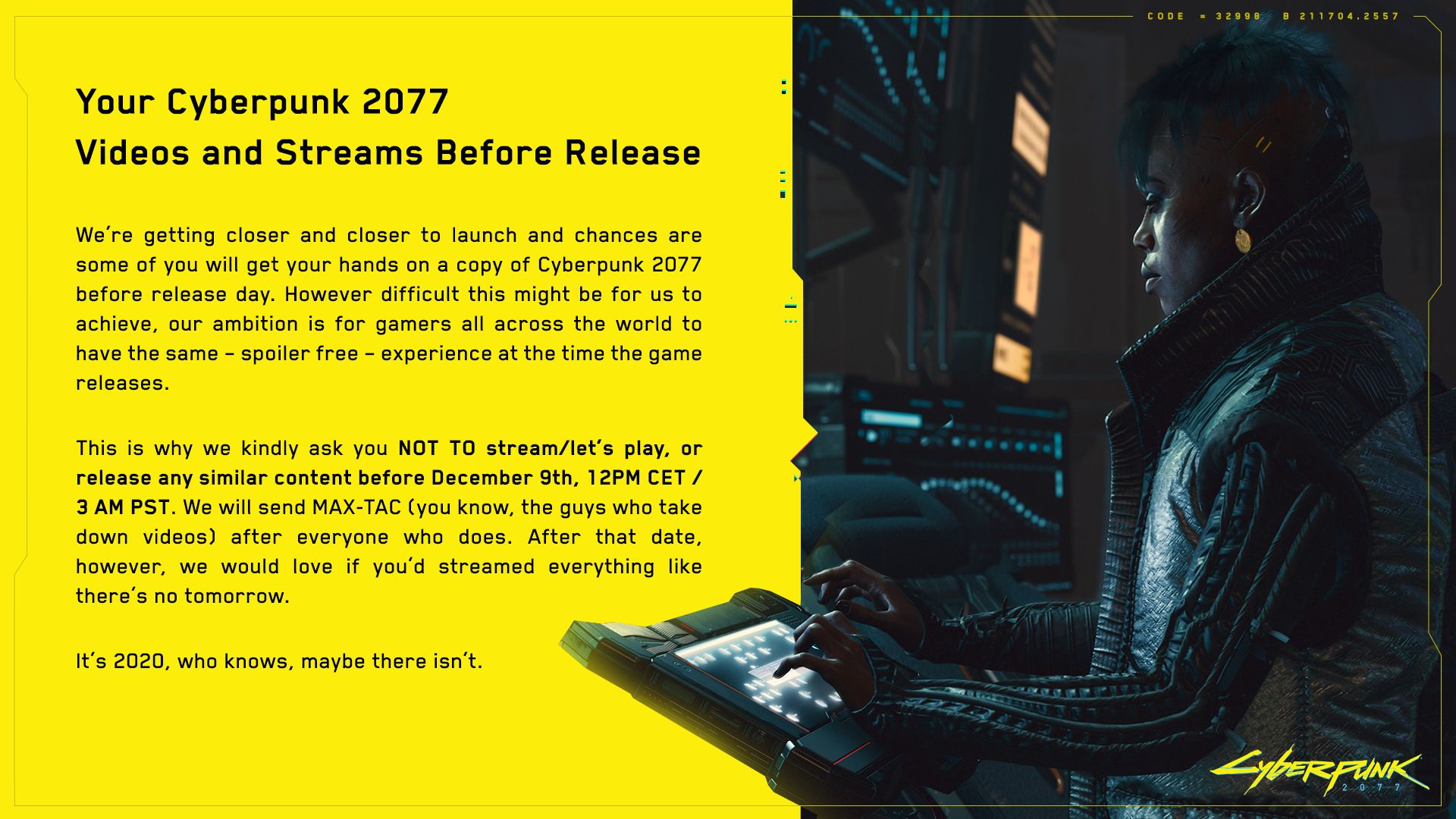 CD PROJEKT RED Releases Statement on Cyberpunk 2077 Videos