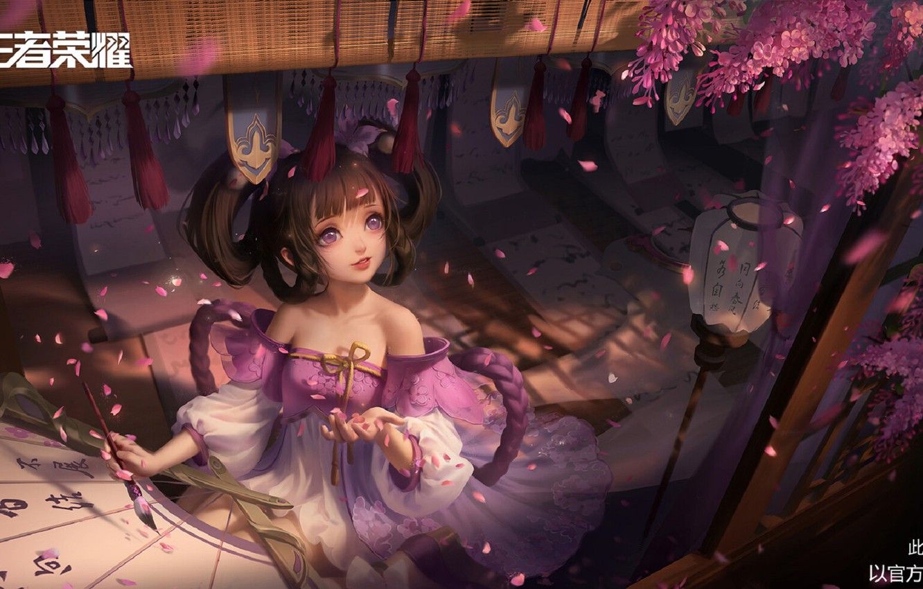 Wallpaper petals, girl, characters, neckline, calligraphy, brush, veranda, Mat, looking up, Wisteria, Honor of Kings, by Li Miao image for desktop, section игры