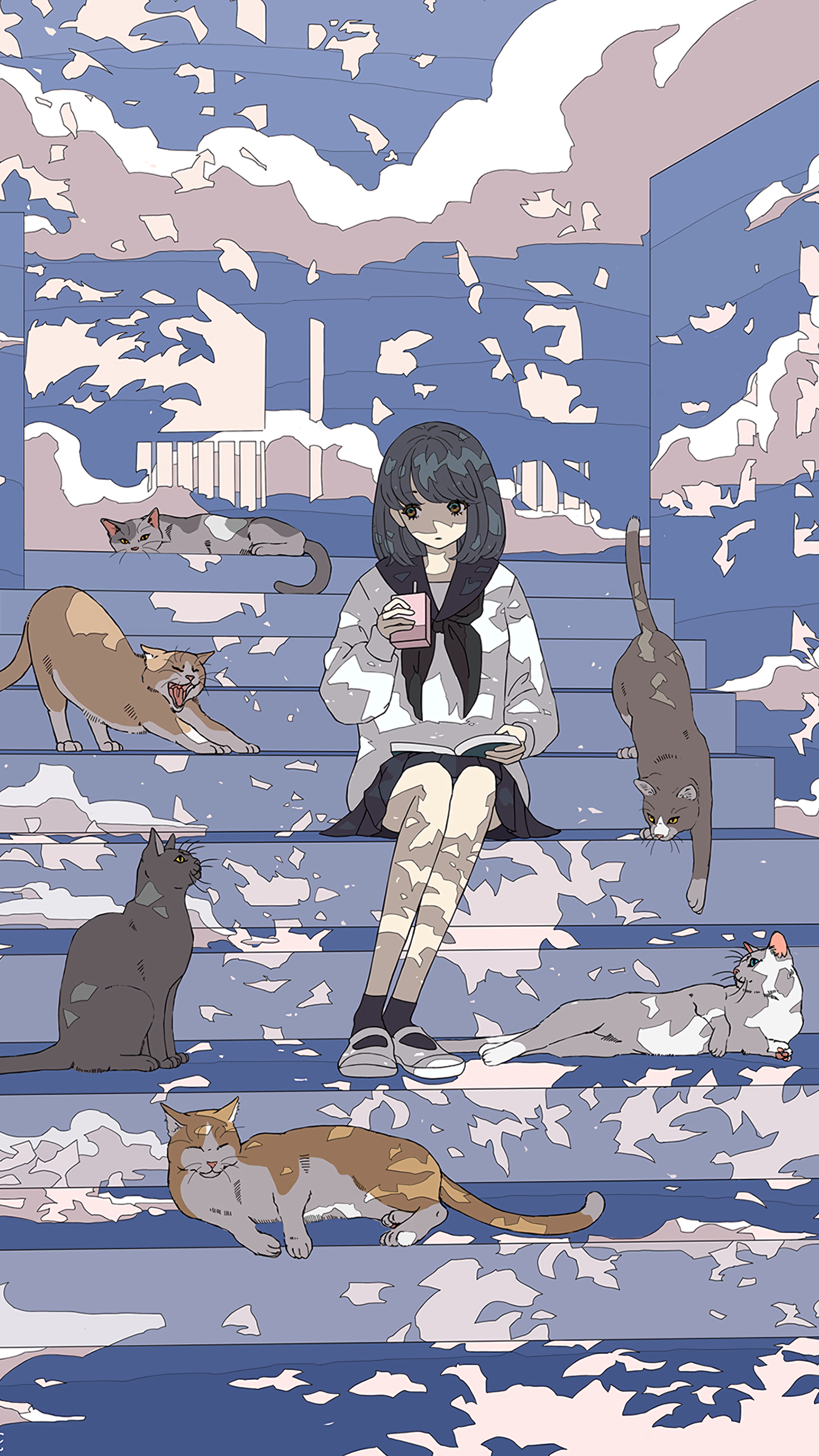 Cats on the staircase [Original] (2030x3608). Anime wallpaper, Cute art, Aesthetic anime