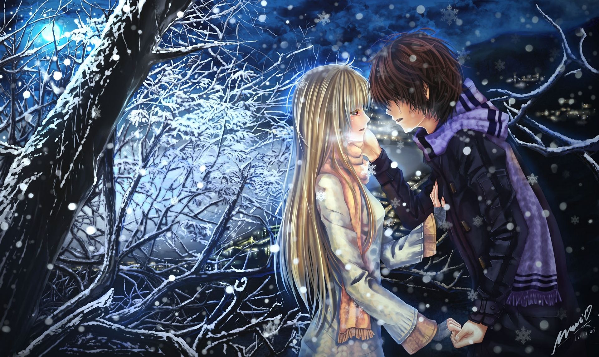 Couple Kissing In Moonlight Winter Wood Anime Artwork