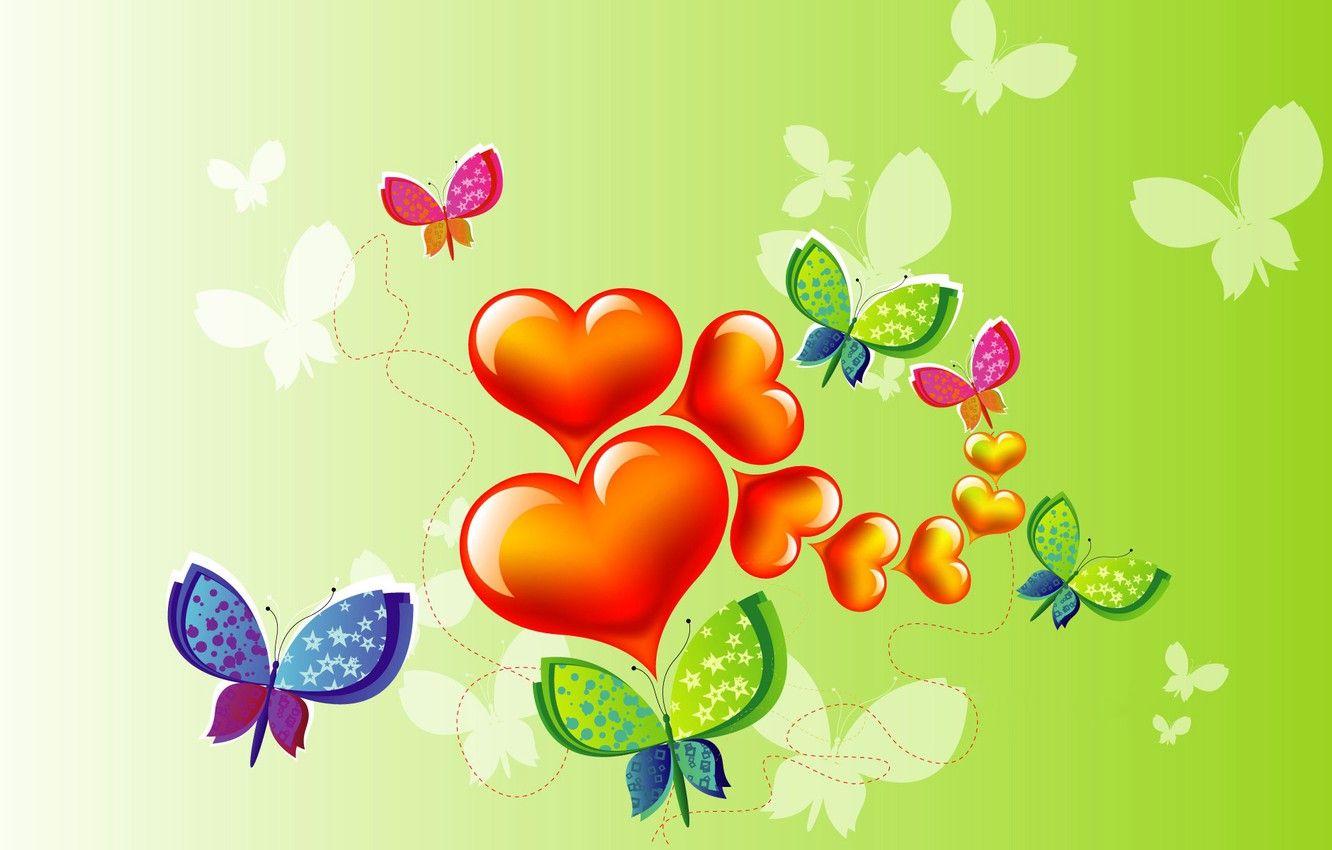 Wallpaper collage, butterfly, heart, vector, postcard, Valentine's Day image for desktop, section праздники