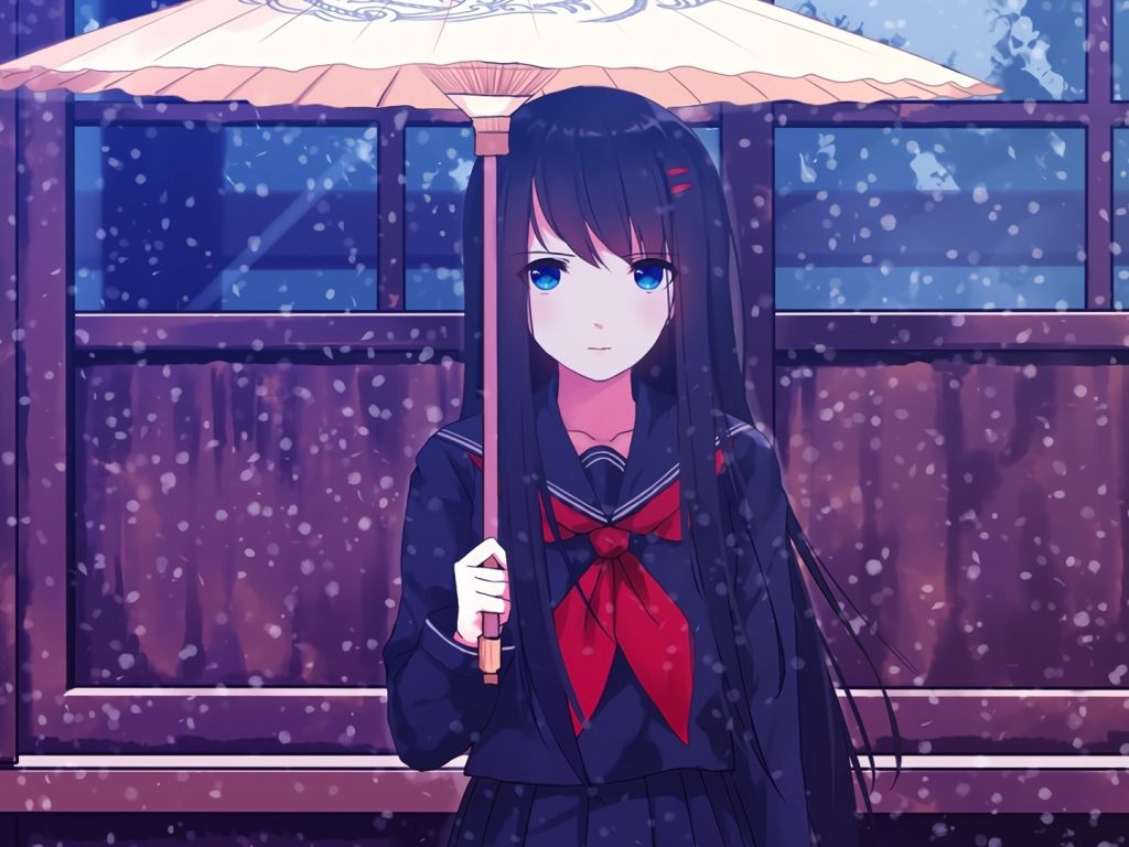Desktop wallpaper umbrella, blue eyes, anime girl, winter, HD image, picture, background, 64e5b5