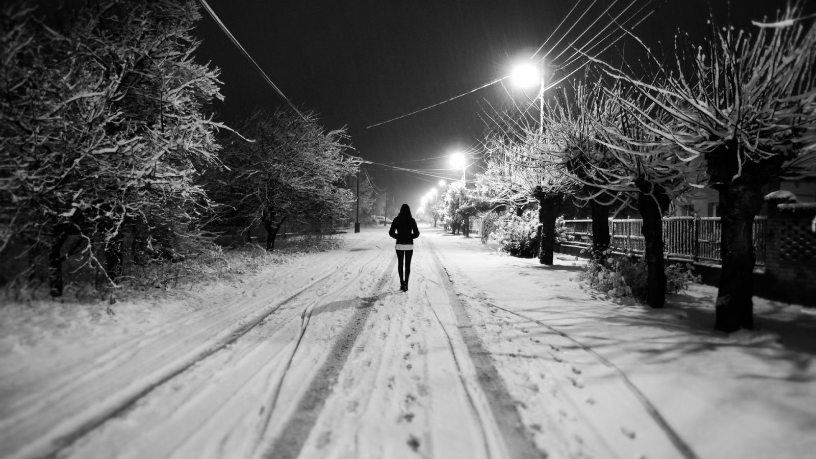 White Snow Night Alone Girl In Winter Night