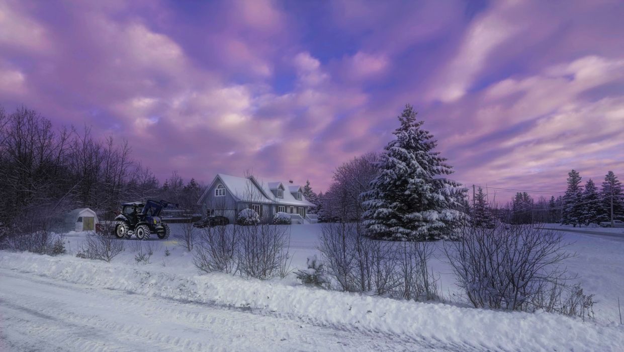 Cloud Country Farm House Purple Sky Snow Sunset Tractor Winter wallpaperx1155