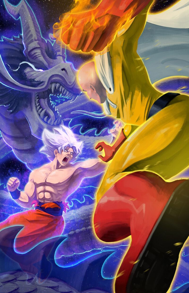 MUI Goku vs Saitama, Taylor Germain. Dragon ball wallpaper, Dragon ball super art, Anime dragon ball super
