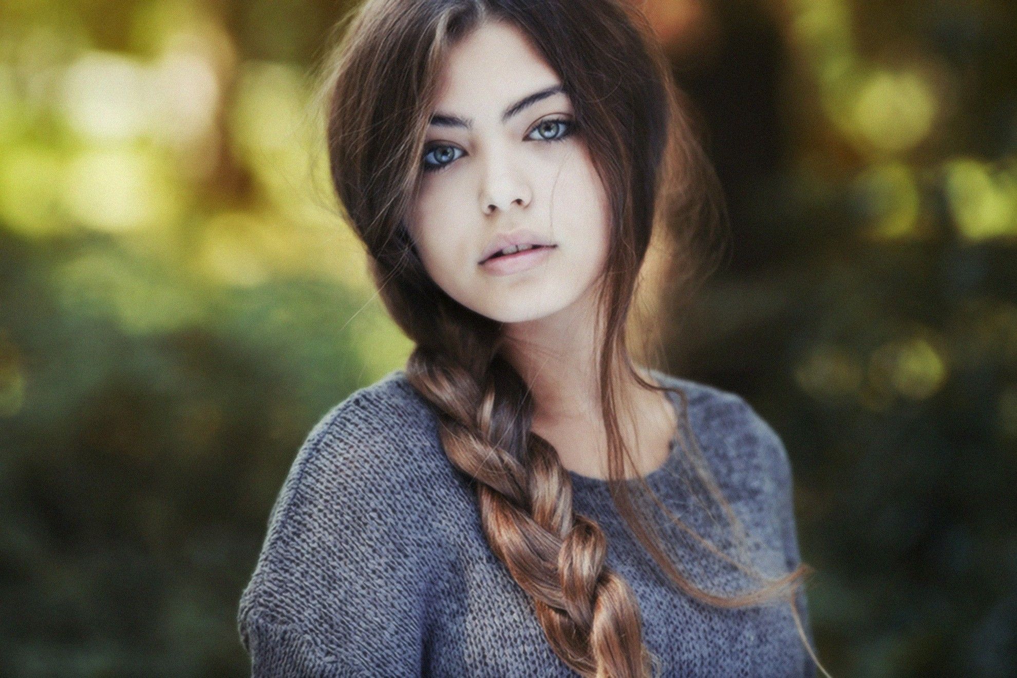 women, Model, Brunette, Braids, Green Eyes, Long Hair, Face, Eyes, Women Outdoors, Portrait, Sweater, Bokeh Wallpaper HD / Desktop and Mobile Background