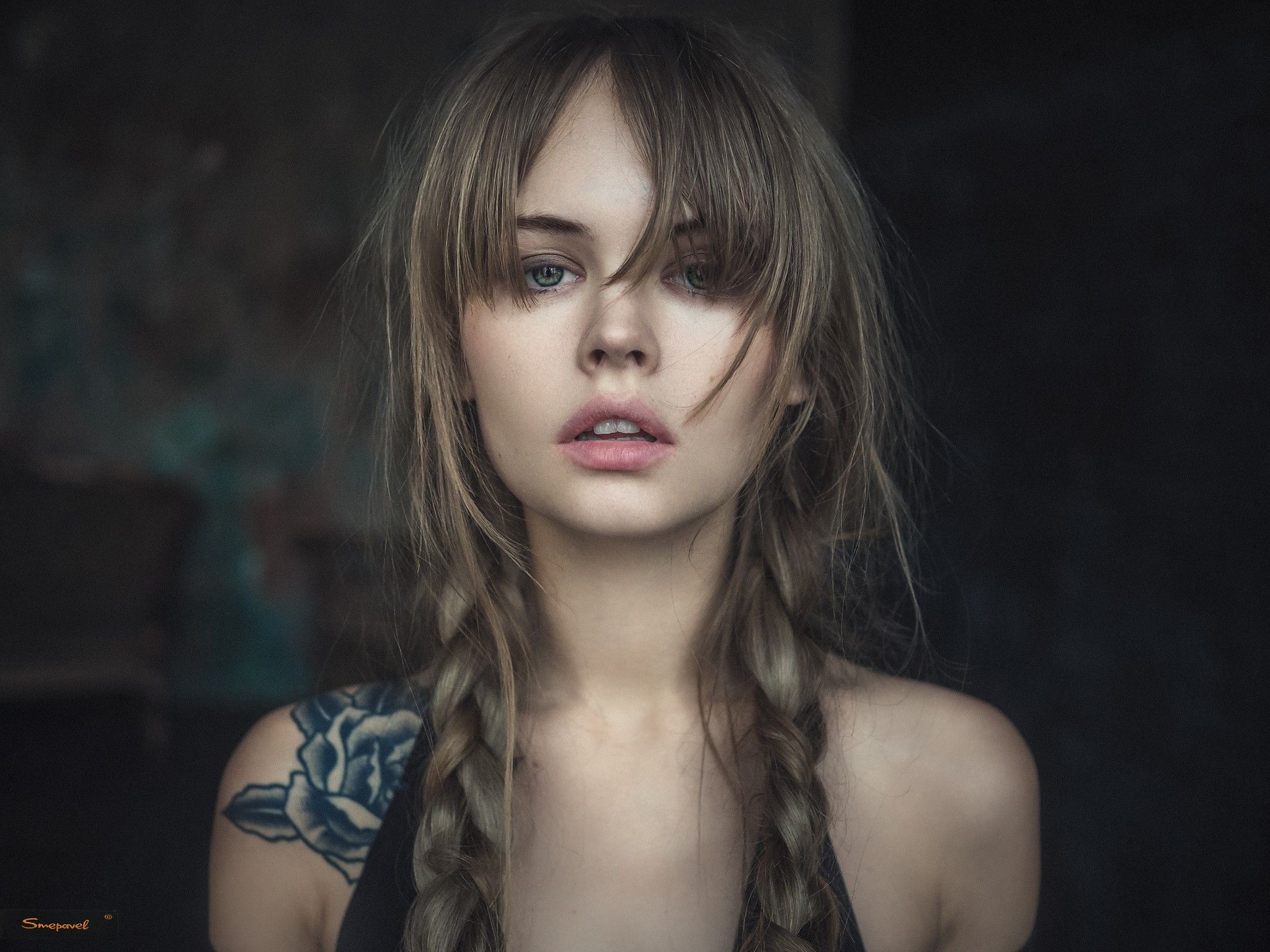Anastasia Scheglova, brunette, long hair, tattoo, braids, face, bangs, model, women, portrait wallpaper