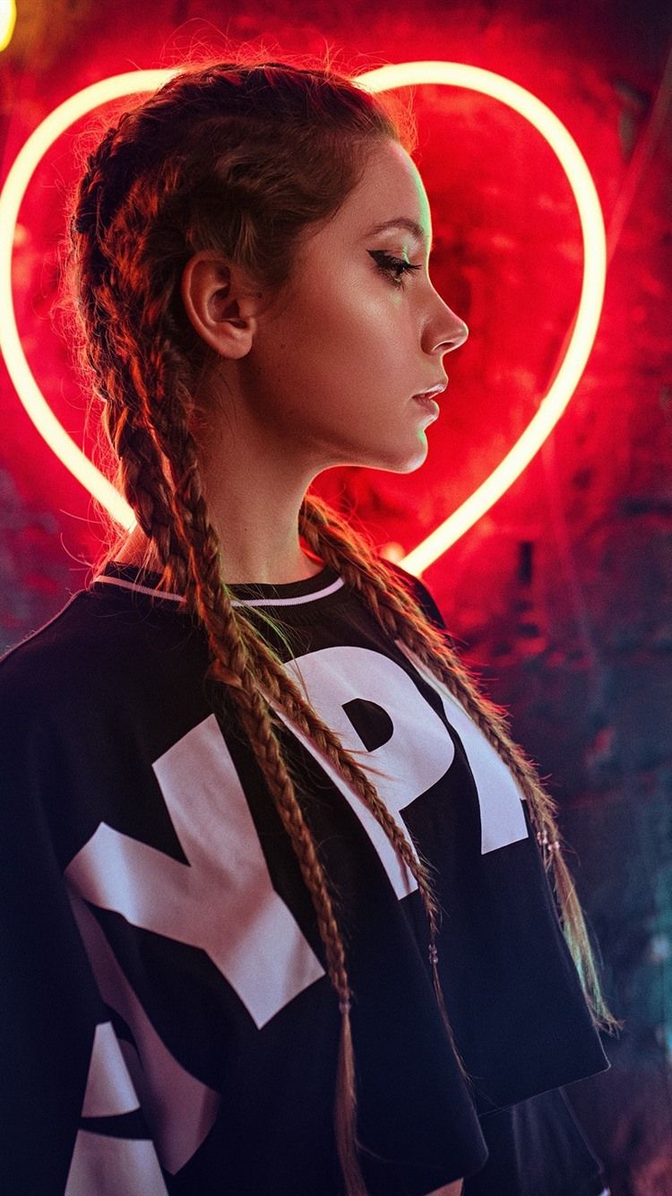 Brown Hair Girl, Braids, Neon Lights 750x1334 IPhone 8 7 6 6S Wallpaper, Background, Picture, Image