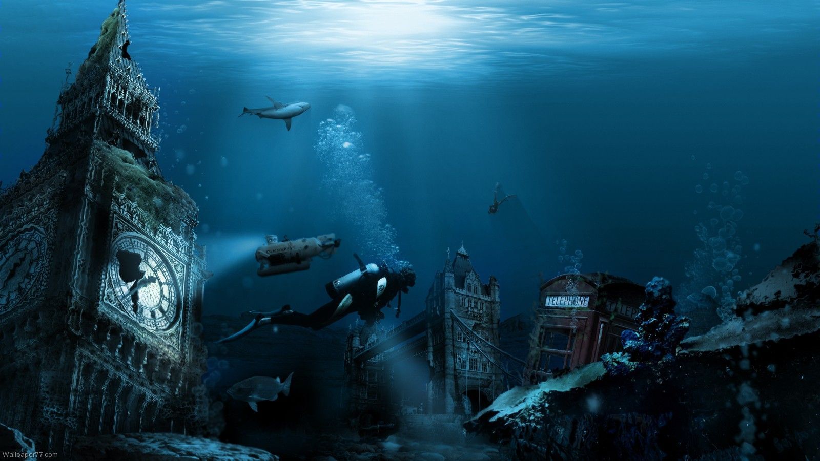 Undersea City Ocean Sea Underwater Water (1600×900). ศิลปะ