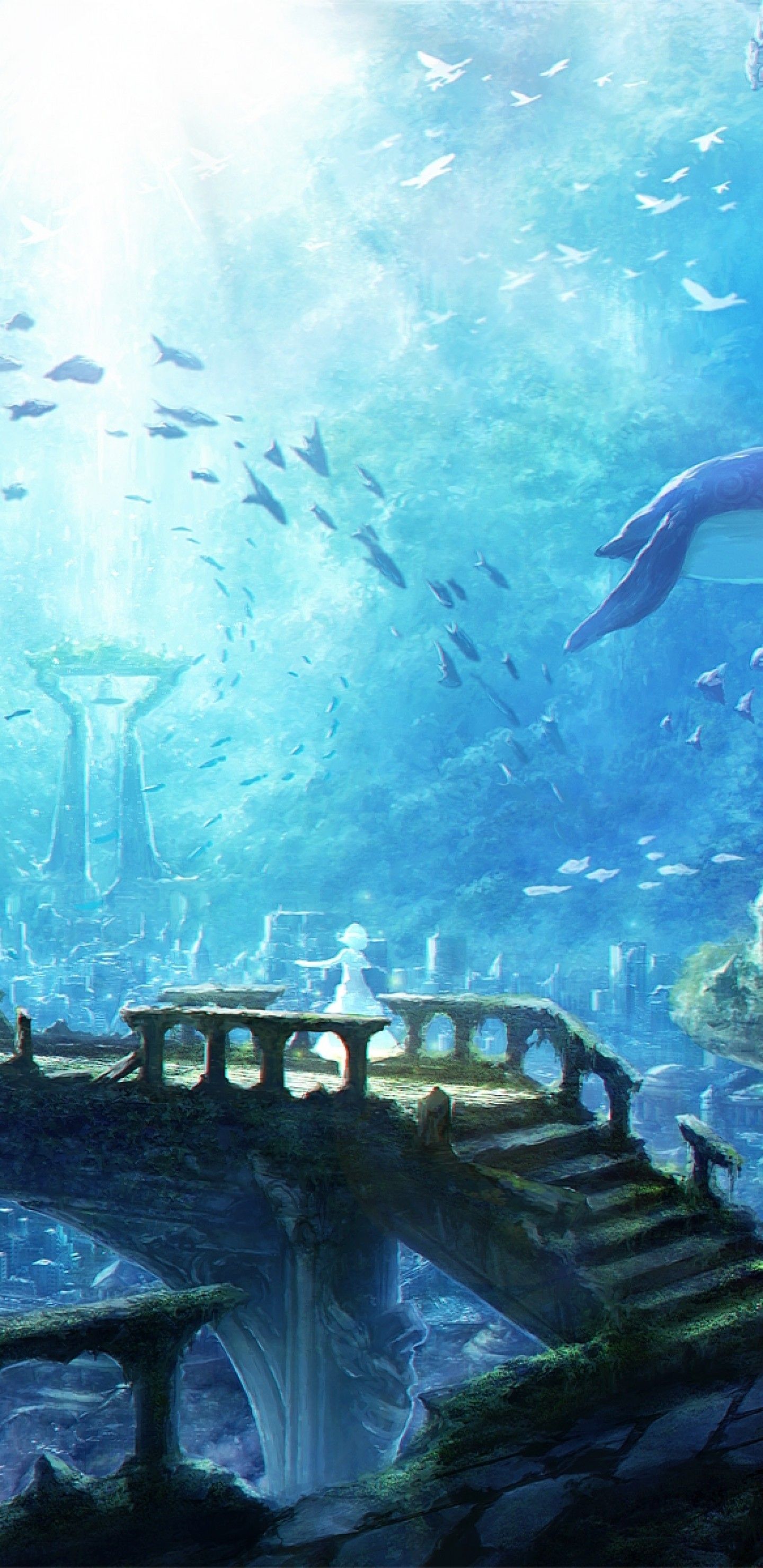 Download 1440x2960 Underwater City, Ruins, Fishes Wallpaper for Samsung Galaxy S Note S S8+, Google Pixel 3 XL