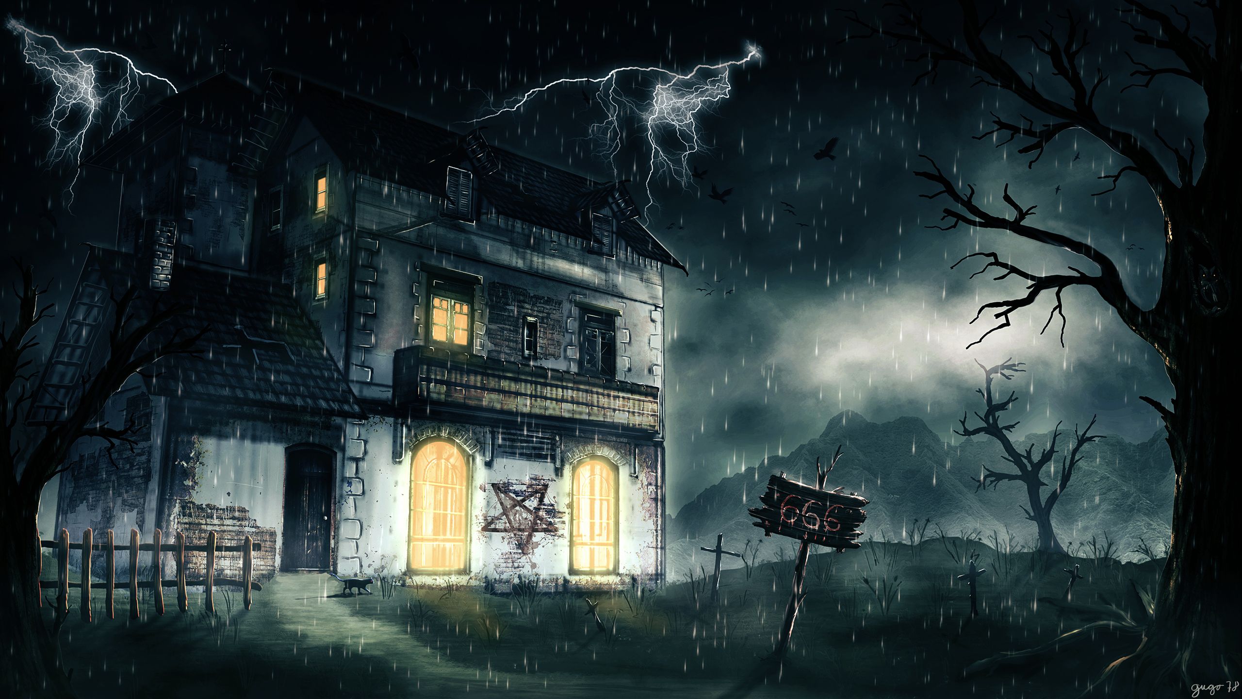Dark House Lightning Night Pentagram Rain Wallpaper:2560x1440
