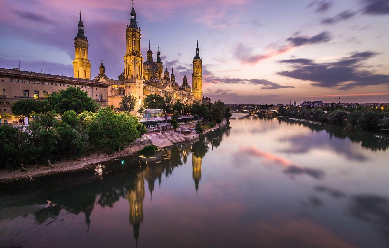 Wallpaper night, river, Cathedral, Spain, Zaragoza image for desktop, section город