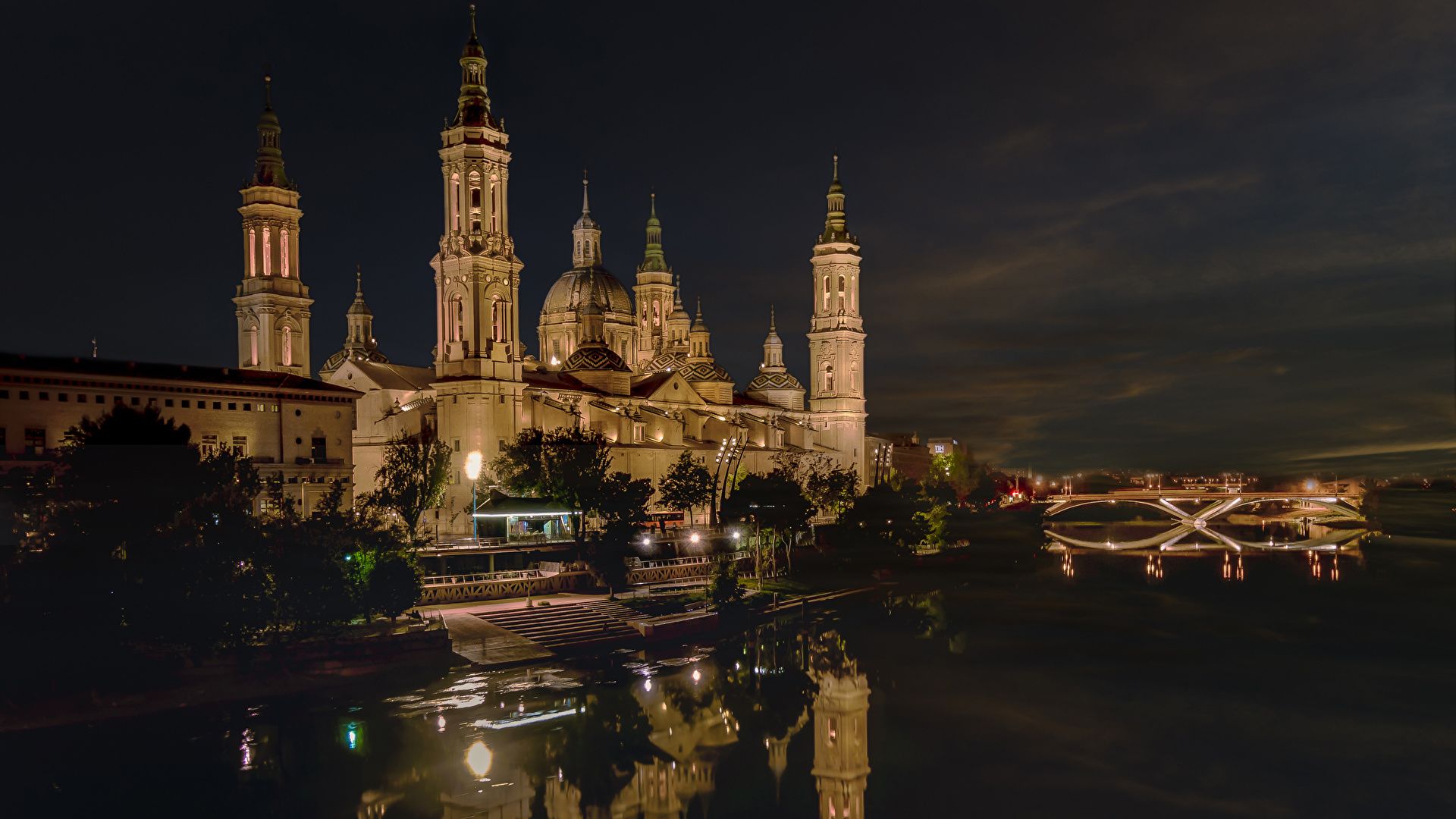 Picture Spain Zaragoza river night time Houses Cities 1920x1080