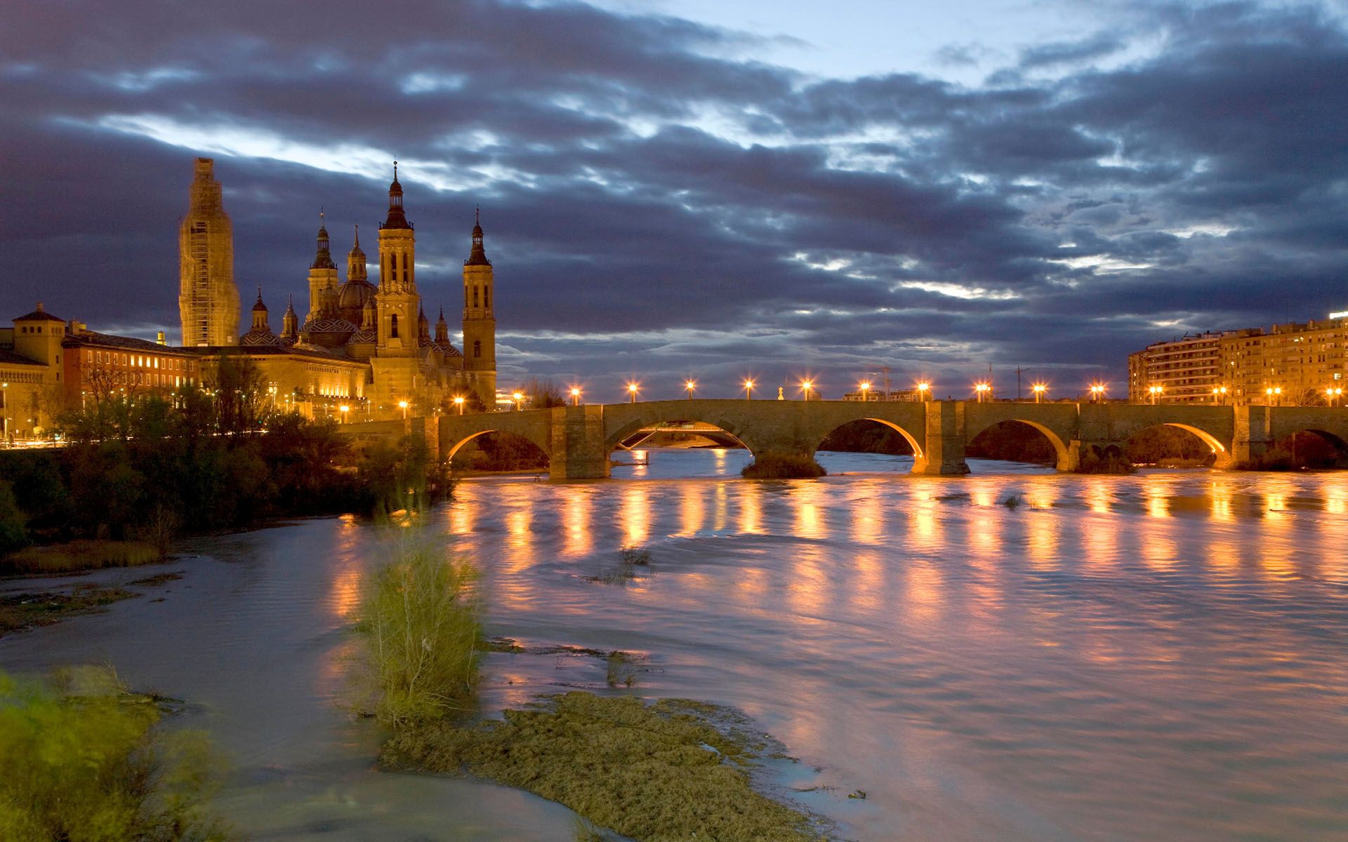 Zaragoza Night Bridge Over The River Ebro Basilica Of Our Lady Desktop Wallpaper HD 1920x1200, Wallpaper13.com
