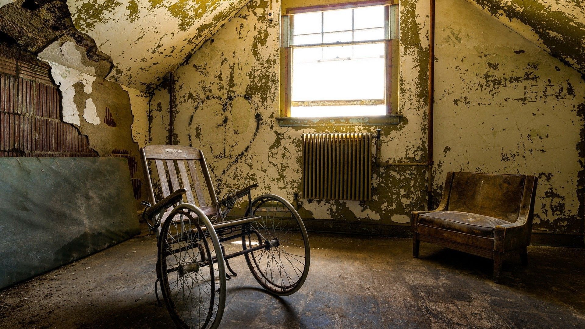 Empty Wheelchair In An Abandoned House Wallpaper And Chair Wallpaper & Background Download