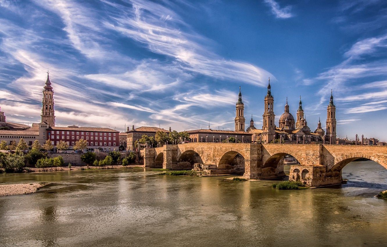Wallpaper bridge, the city, tower, Spain, Zaragoza image for desktop, section город