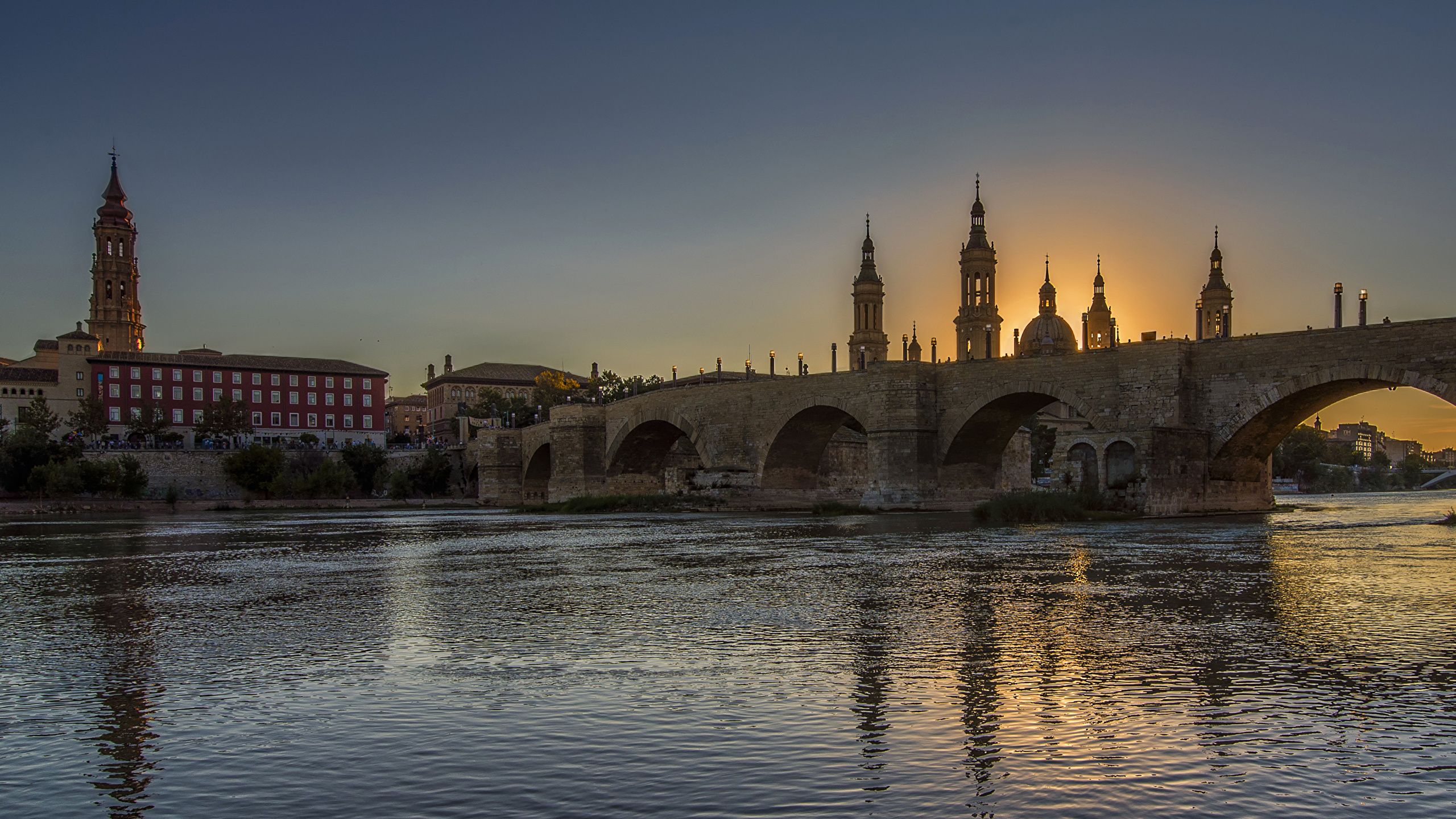 Wallpaper Spain Zaragoza Aragon Bridges Rivers Evening 2560x1440