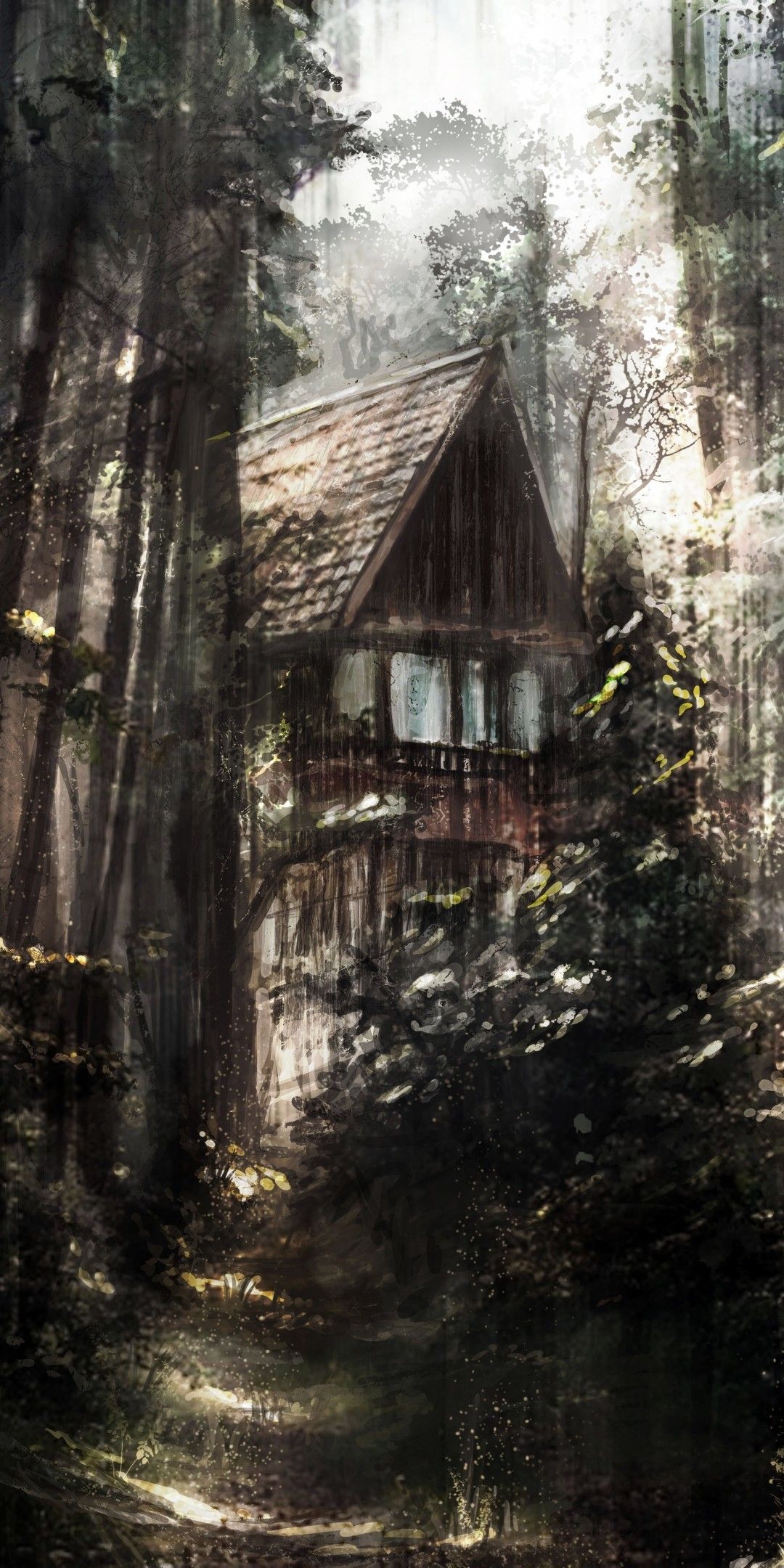 Download 1080x2160 Abandoned House, Forest, Painting, Dark, Scary Wallpaper for Huawei Mate 10