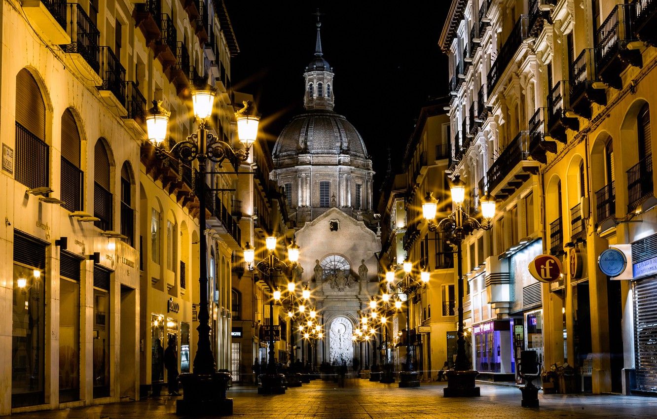 Wallpaper night, lights, street, home, lights, Cathedral, Spain, Zaragoza image for desktop, section город