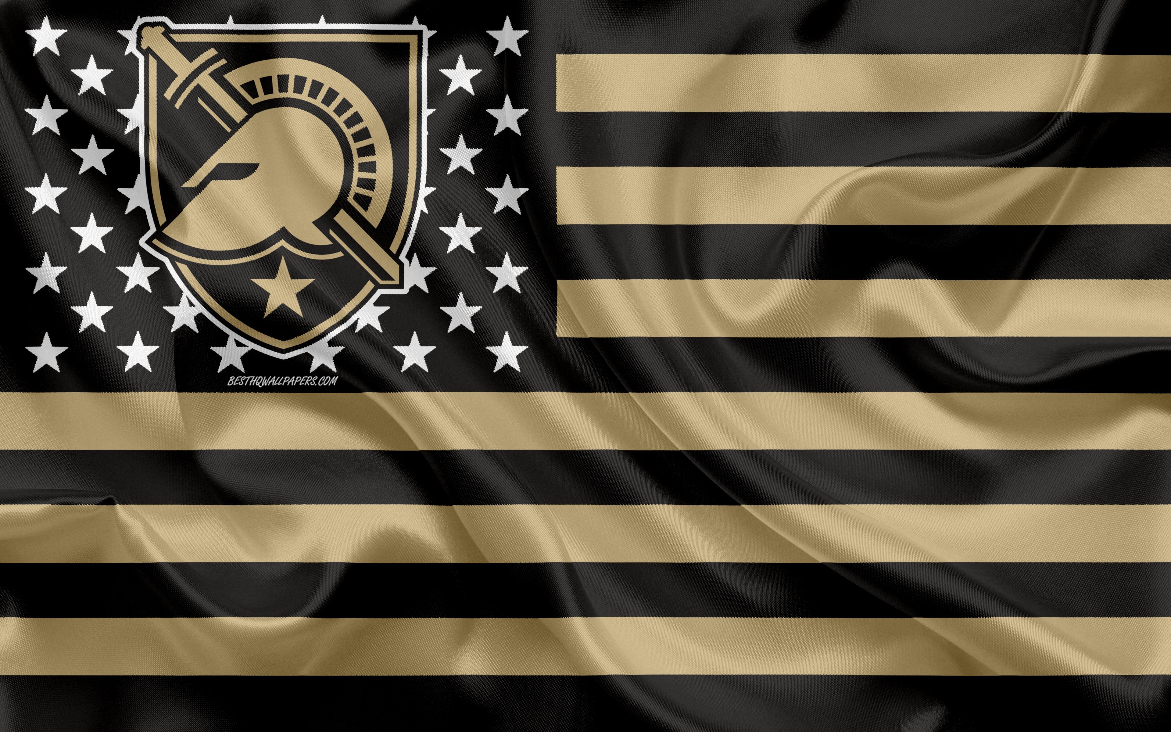 Download wallpaper Army Black Knights, American football team, creative American flag, gold black flag, NCAA, West Point, New York, USA, Army Black Knights logo, emblem, silk flag, American football for desktop with