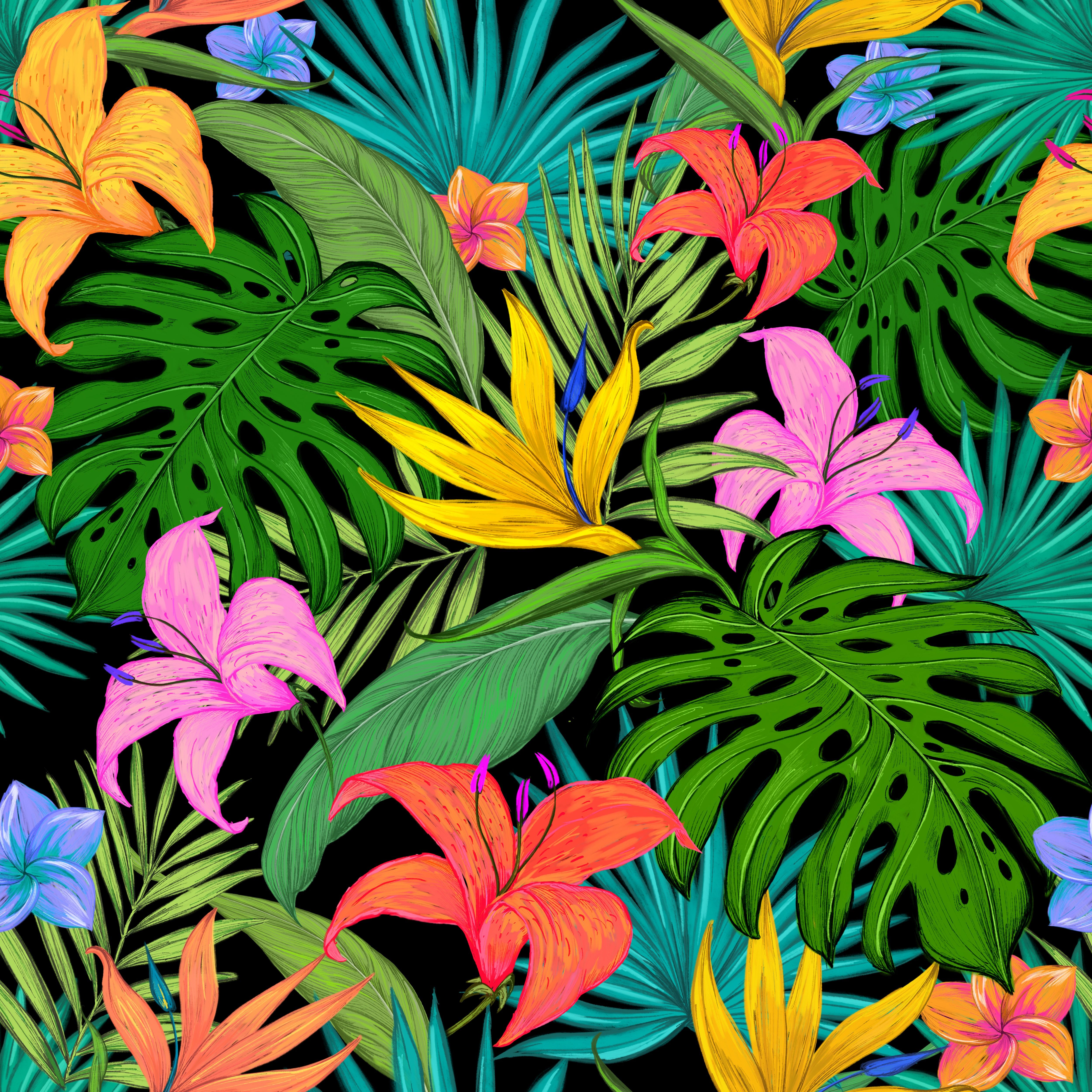 Download wallpaper 5000x5000 pattern, tropical, flowers, leaves, lilies, palm leaves, colored HD background