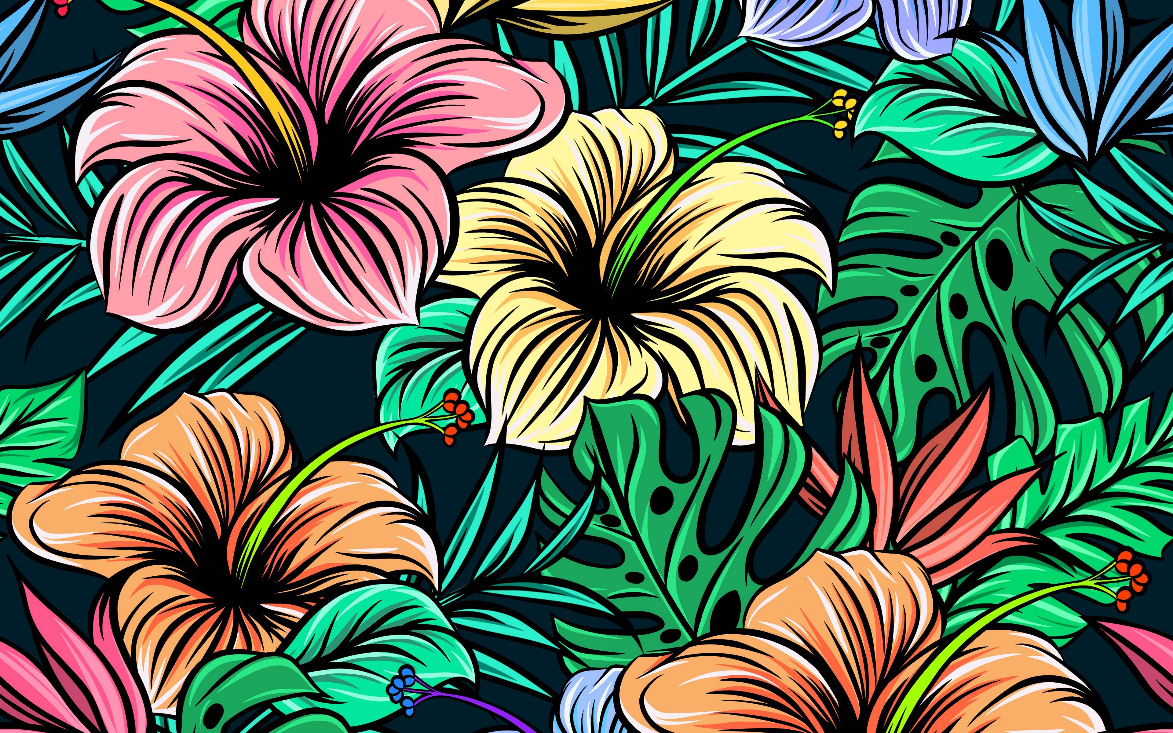 Wallpaper Hibiscus, Flowers, Patterns, Exotic, Leaves HD Wallpaper