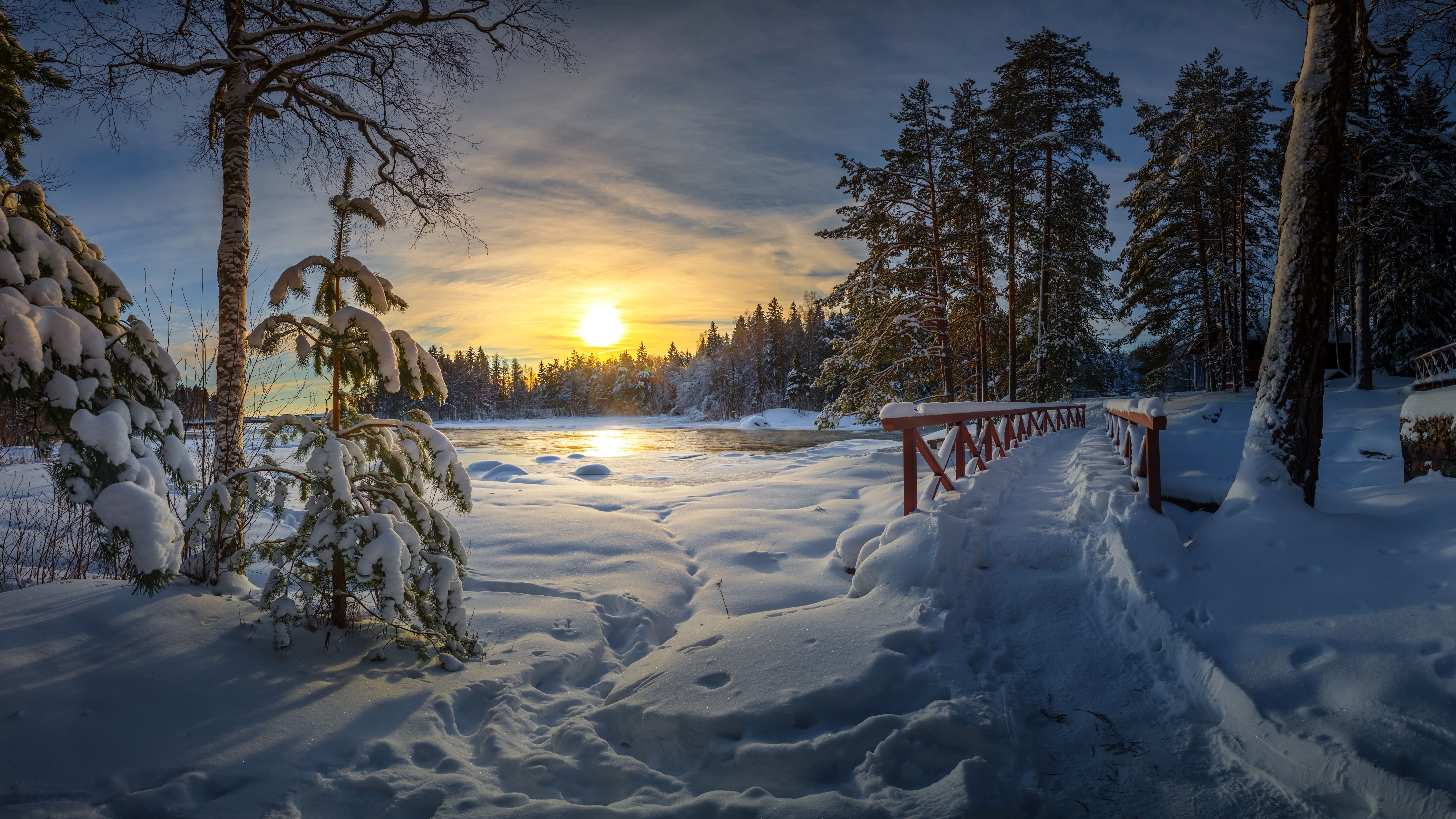 Wallpaper Winter, thick snow, bridge, lake, trees, sunset 7680x4320 UHD 8K Picture, Image