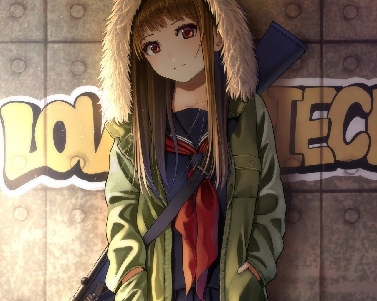 Download 1280x1024 Anime Girl, Hood, School Uniform, Long Hair Wallpaper