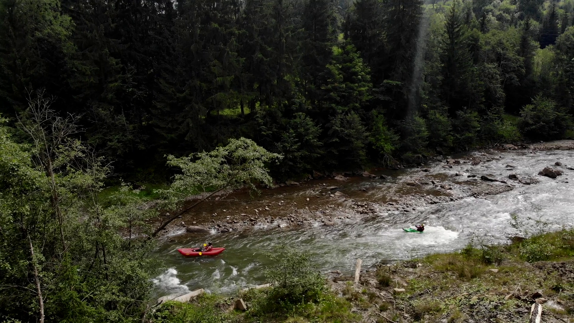 Man on canoe kayaking on rapid mountain river. View from above. Extreme water sport. Stock Video Footage