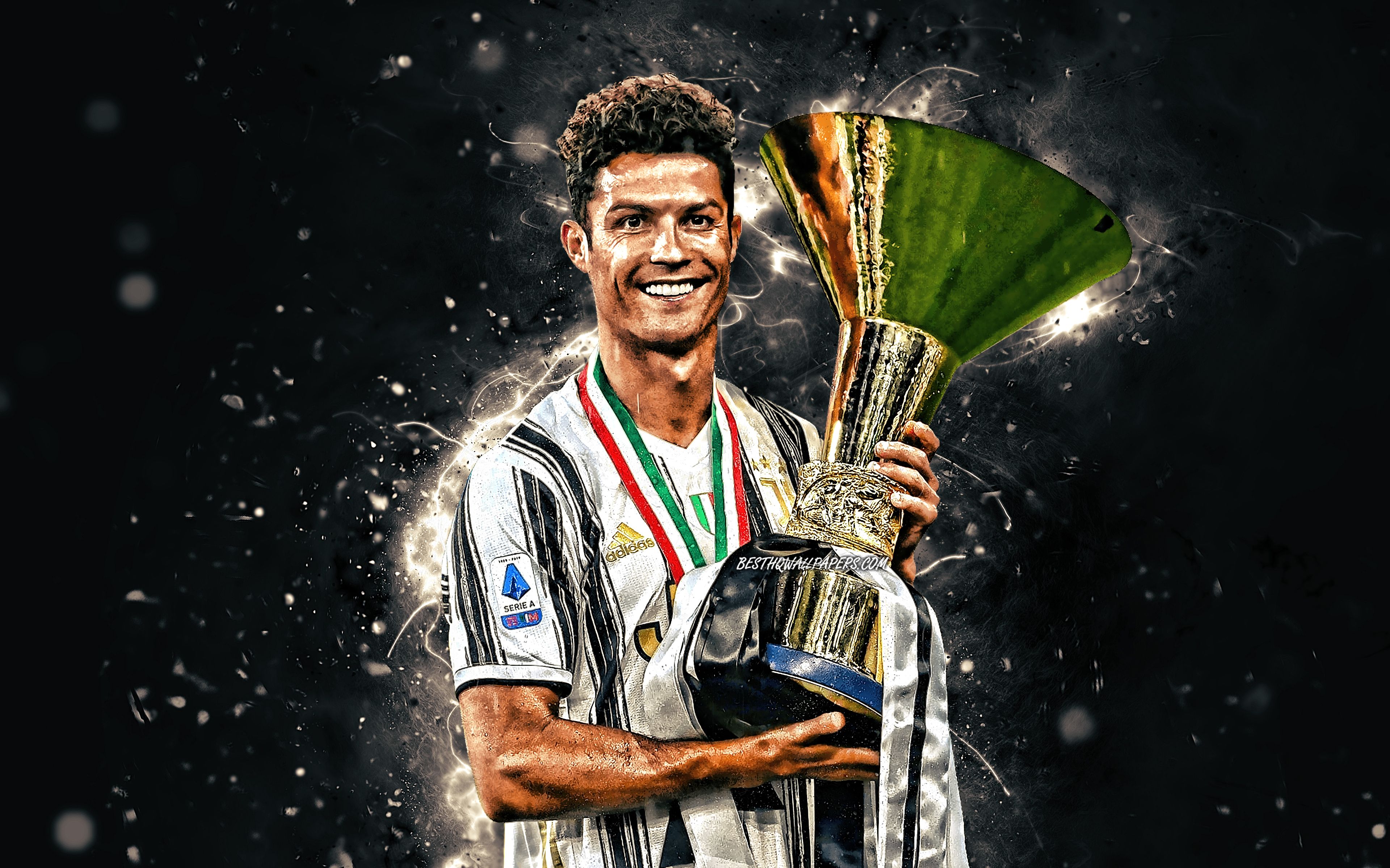 Download wallpaper Cristiano Ronaldo with cup, 4k, Juventus 2020 uniform, CR portuguese footballers, Italy, Bianconeri, Juventus FC, Cristiano Ronaldo, soccer, CR7 Juve, football stars, Serie A, Cristiano Ronaldo 4K, white neon lights