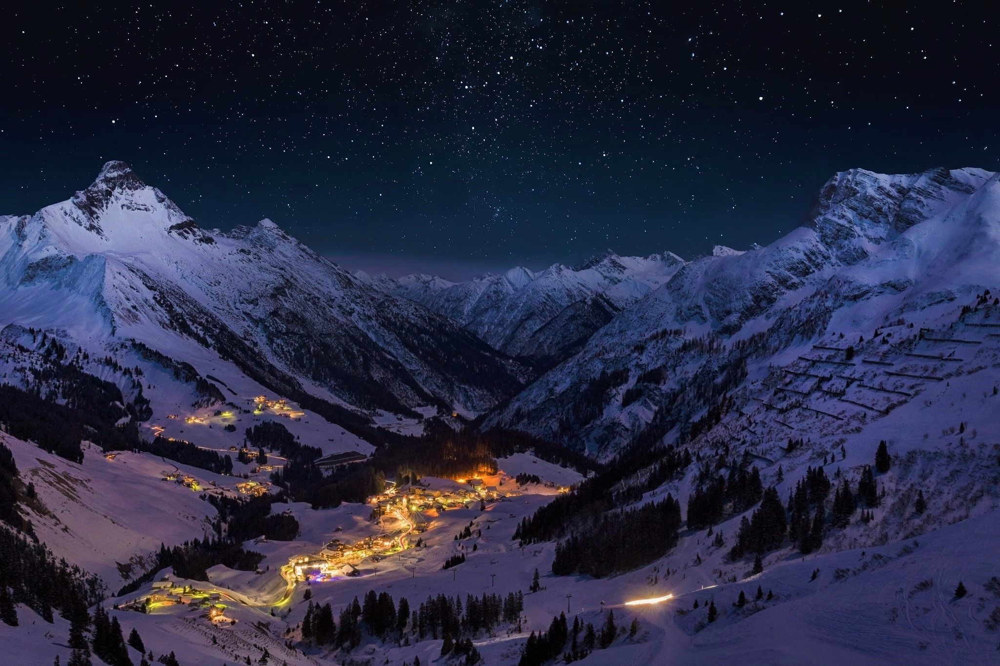 Light Mountain Night Snow Town Valley Winter wallpaperx1365