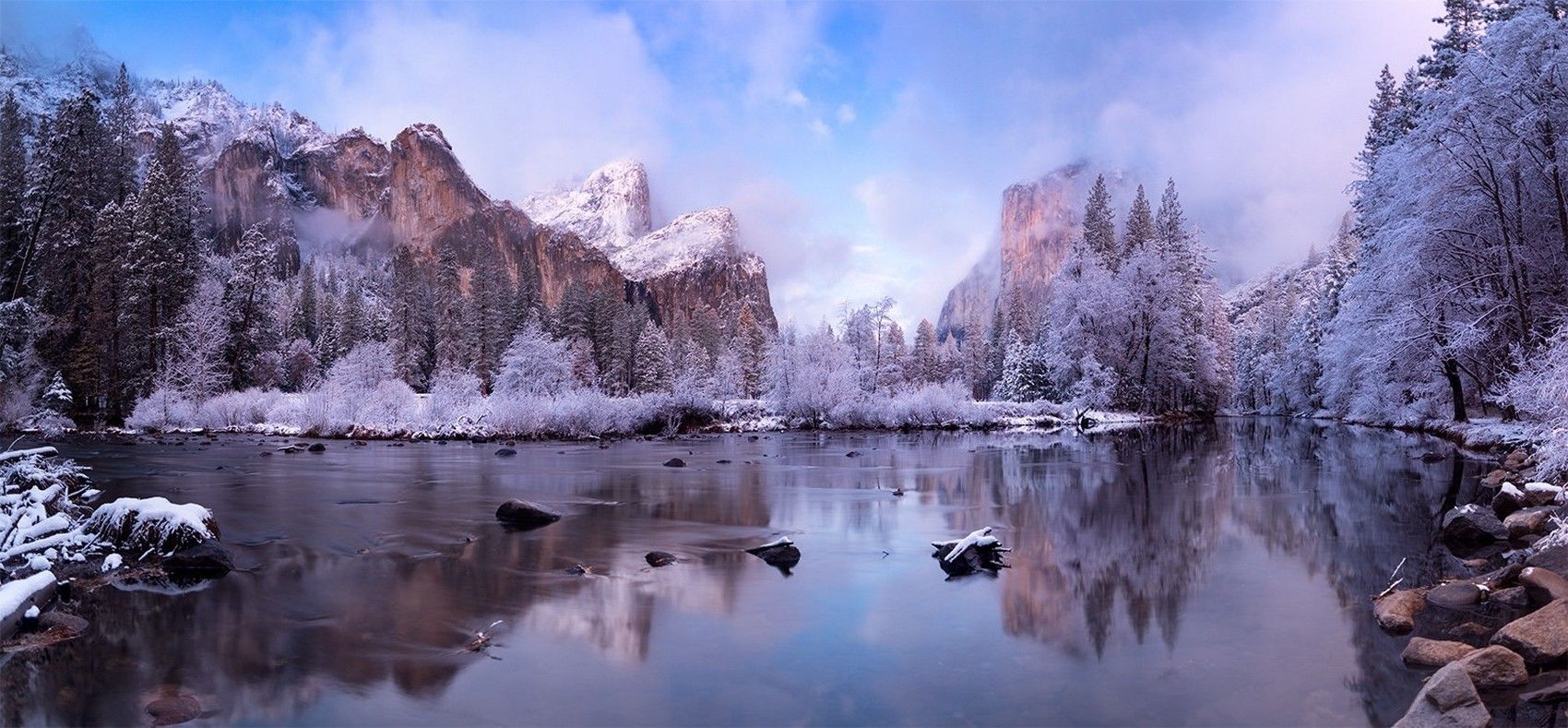 photography, Nature, Landscape, Winter, Valley, Forest, River, Mountains, Snow, Yosemite National Park, California Wallpaper HD / Desktop and Mobile Background