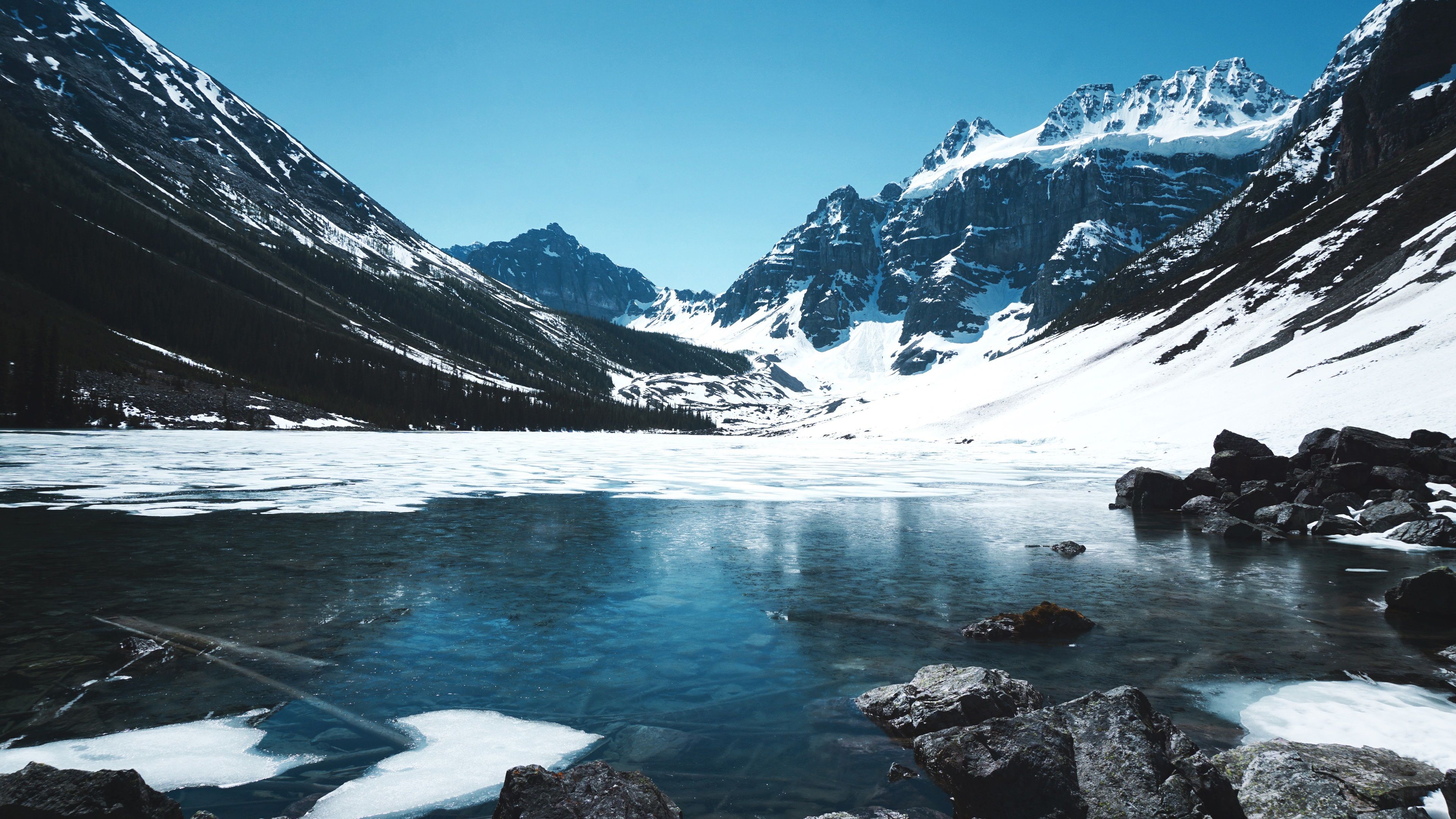 Wallpaper Winter, snow, mountains, lake, stones 3840x2160 UHD 4K Picture, Image