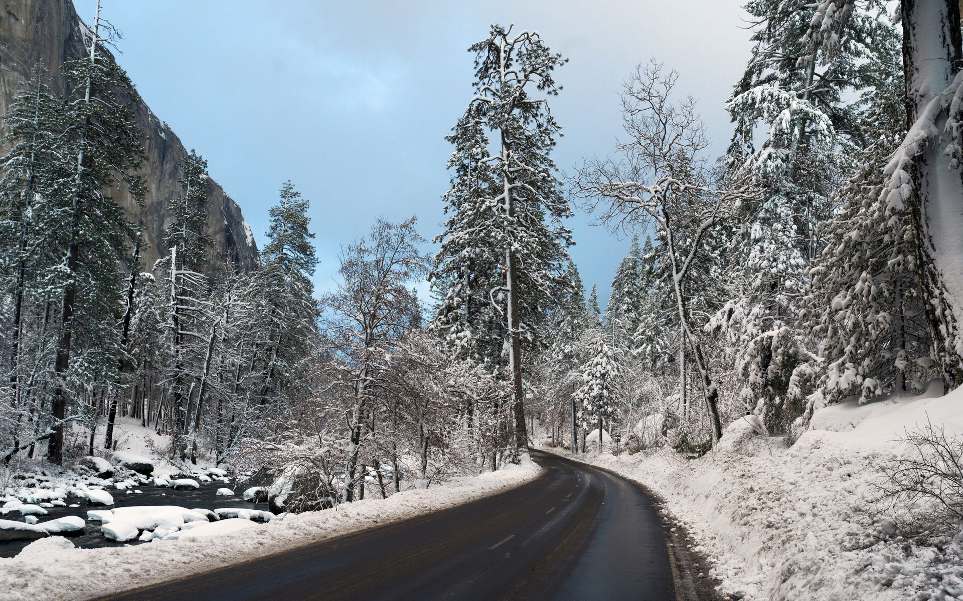 Download wallpaper 1920x1200 road, snow, winter, turn, valley, landscape widescreen 16:10 HD background