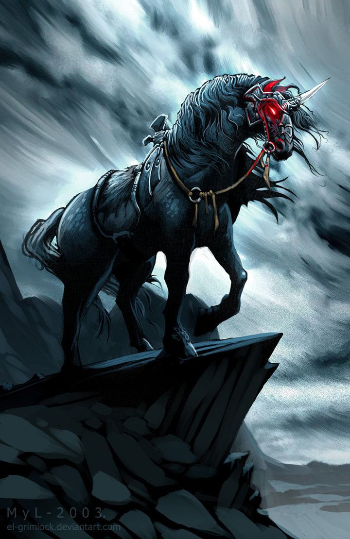 Black Unicorn By El Grimlock. Unicorn Art, Black Unicorn, Fantasy Horses