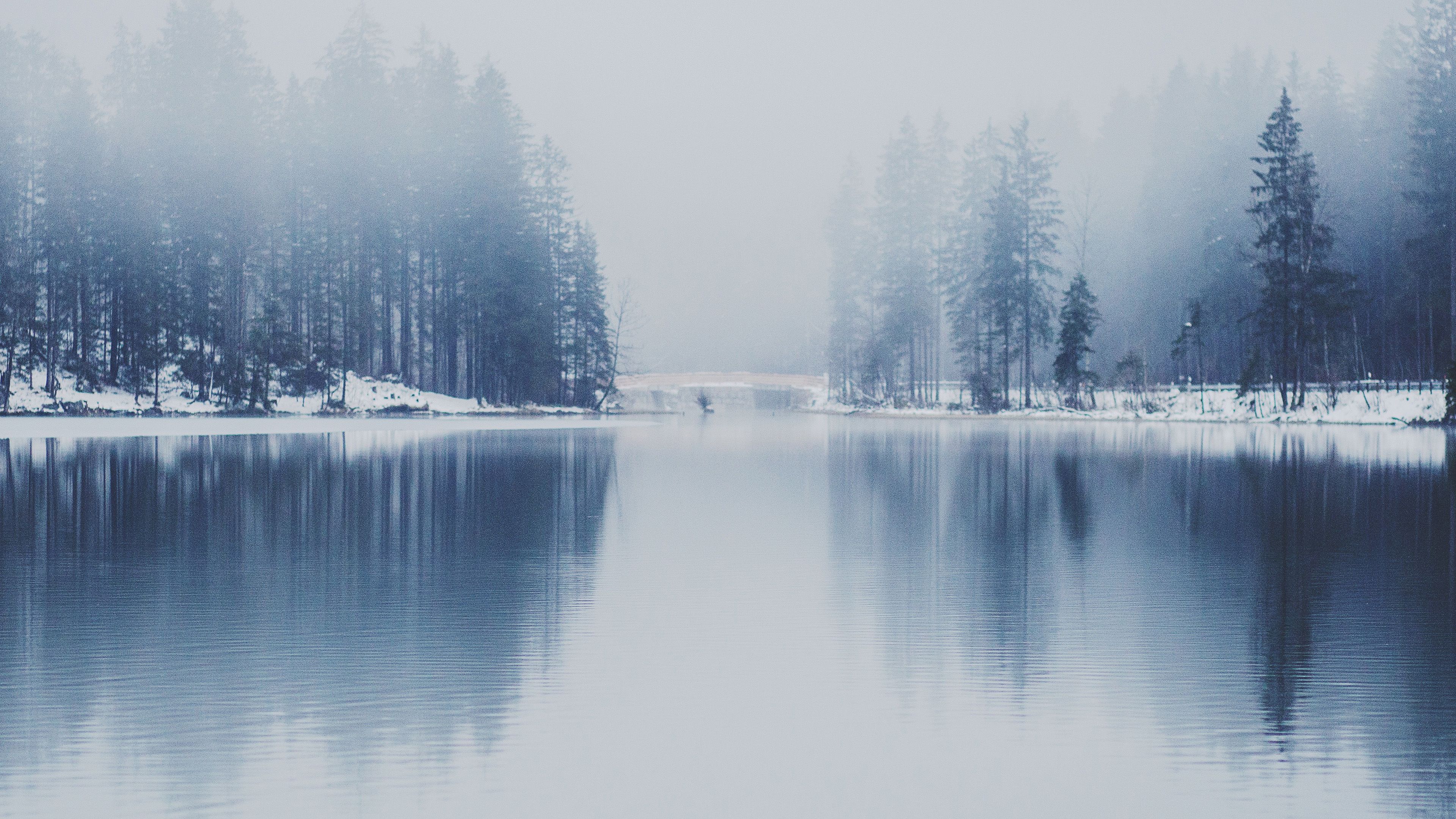 Озеро в лесу зимой