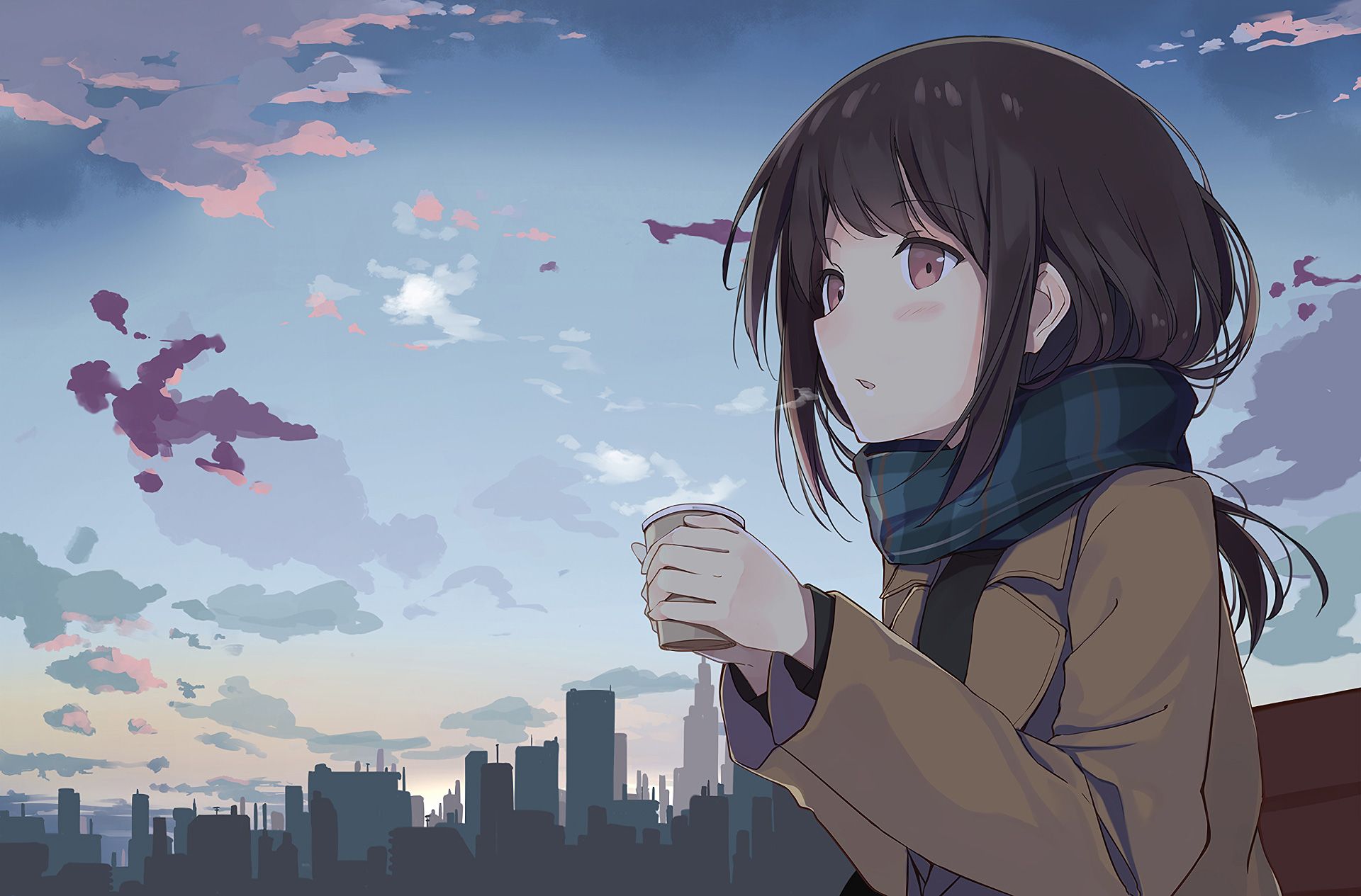 Anime Girl Holding Tea Outside, HD Anime, 4k Wallpaper, Image, Background, Photo and Picture