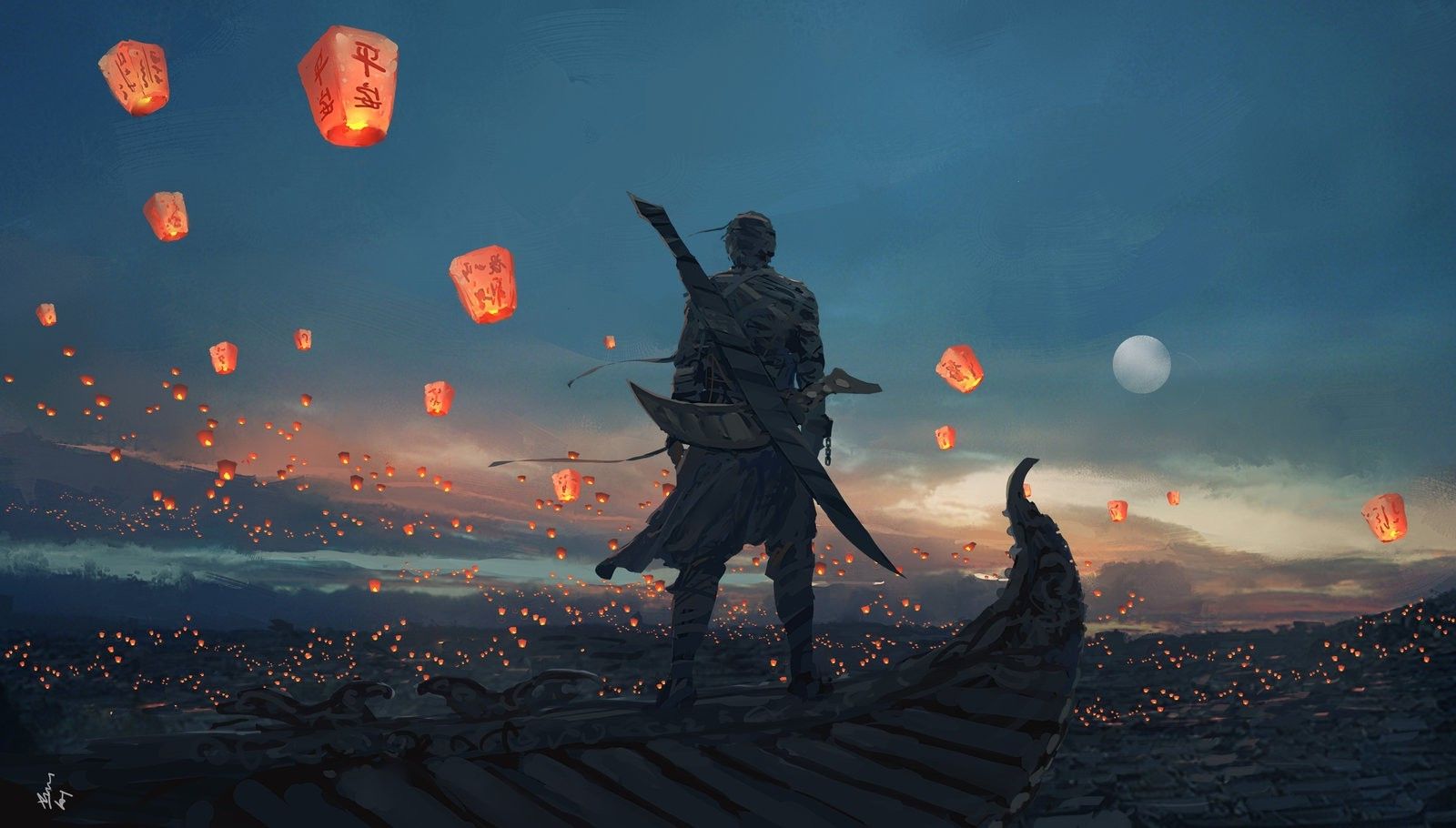 sea, Artwork, Moon, Warrior, Sky lanterns Wallpaper HD / Desktop and Mobile Background