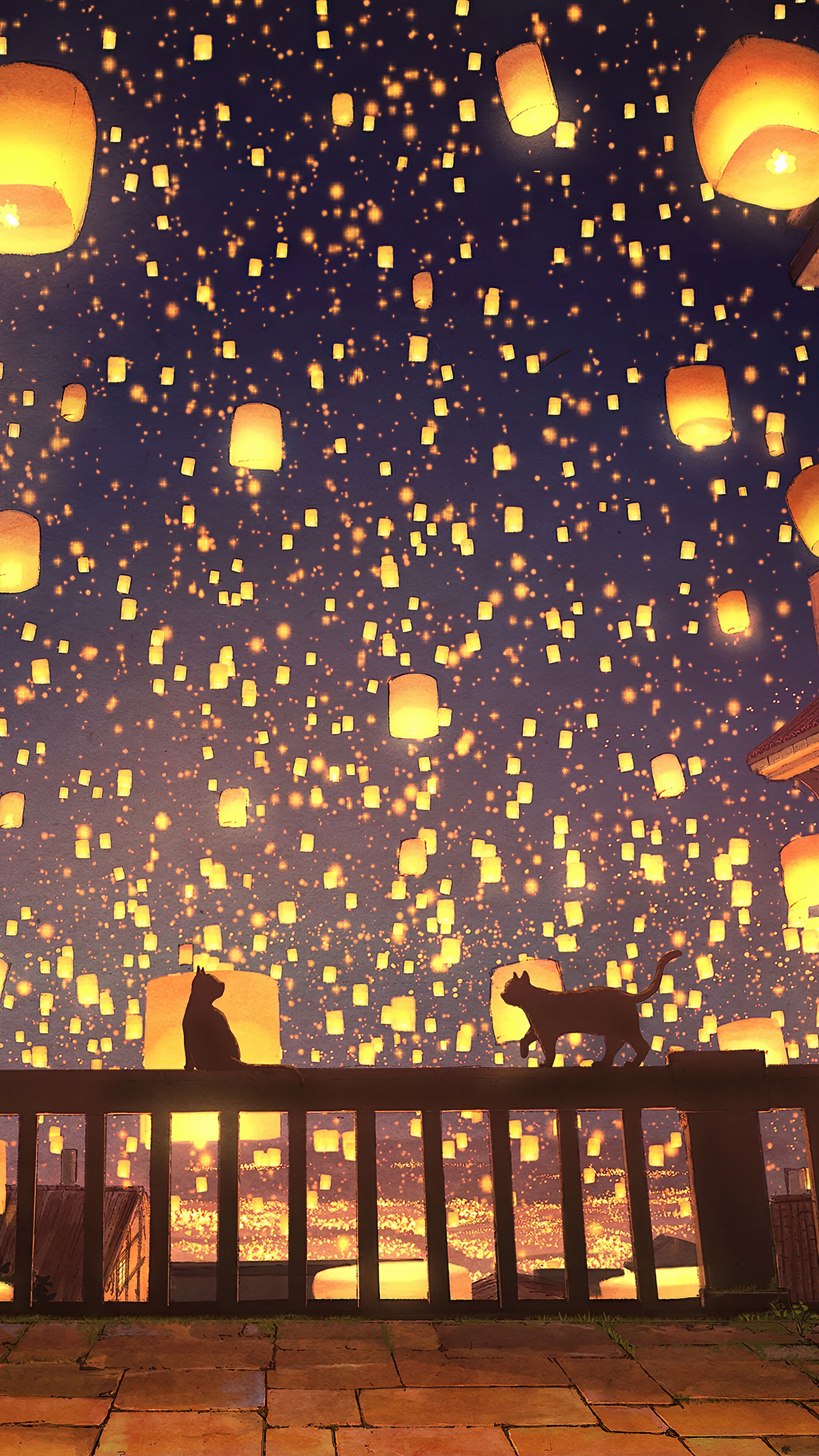 Anime, Sky Lantern, Cat, Night, Scenery, 4K phone HD Wallpaper, Image, Background, Photo and Picture HD Wallpaper