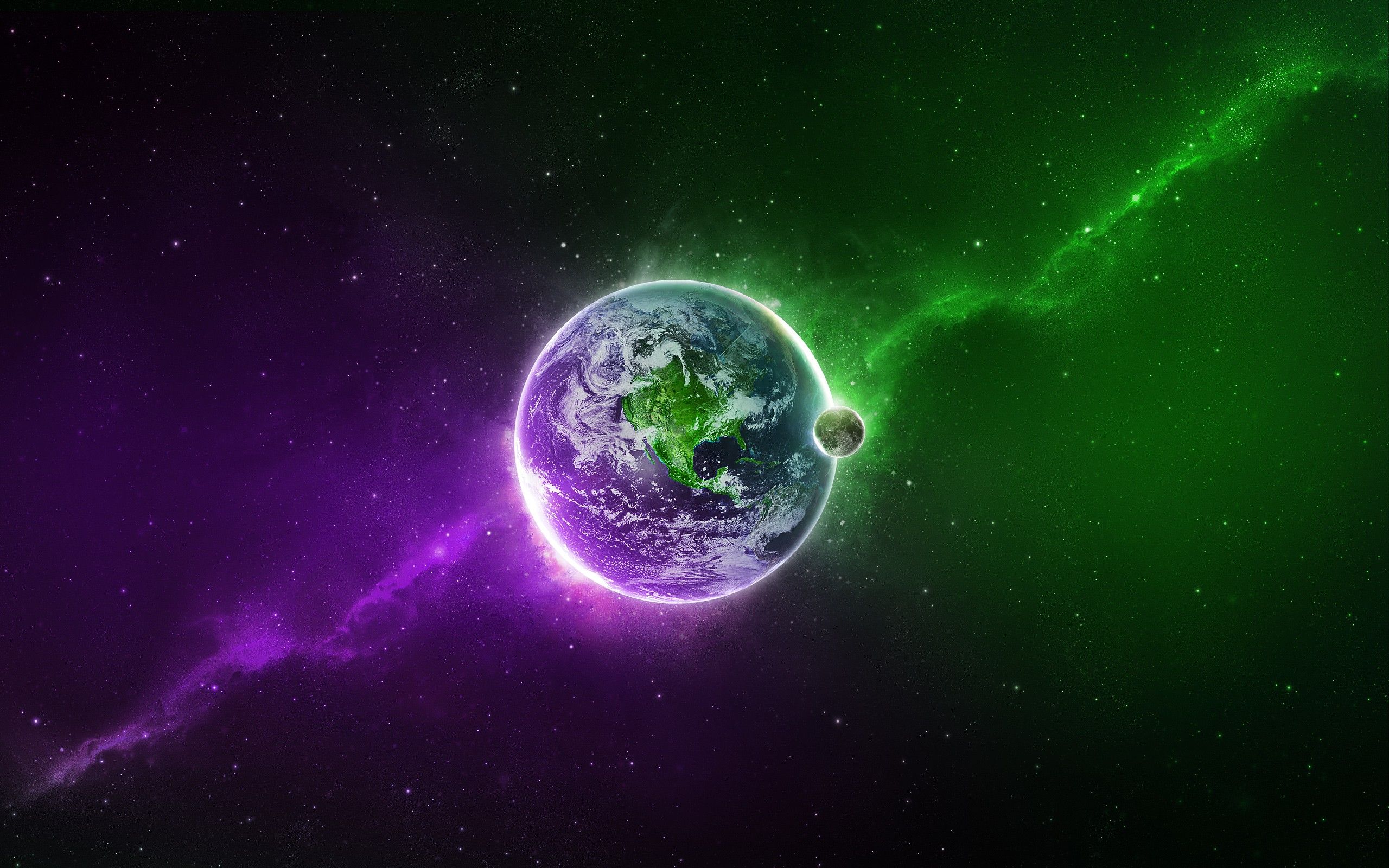 green, outer space, multicolor, stars, planets, Moon, purple, Earth wallpaper