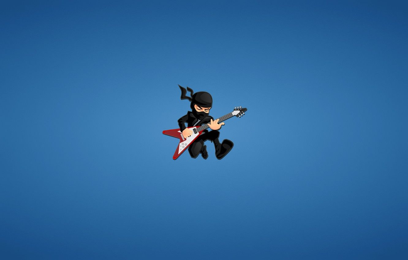 Wallpaper guitar, minimalism, ninja, red, blue background, ninja image for desktop, section минимализм