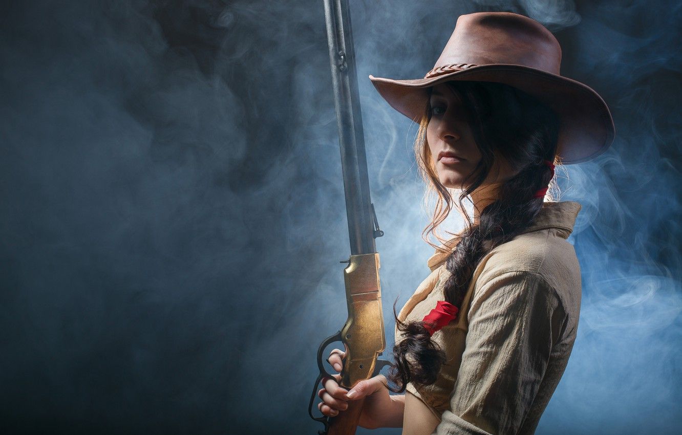 Wallpaper look, style, Winchester, style, western, cowboy hat, bokeh, wild West, wallpaper., wild West, beautiful background, ammunition equipment, beautiful girl Jane, in the hands rifle image for desktop, section стиль