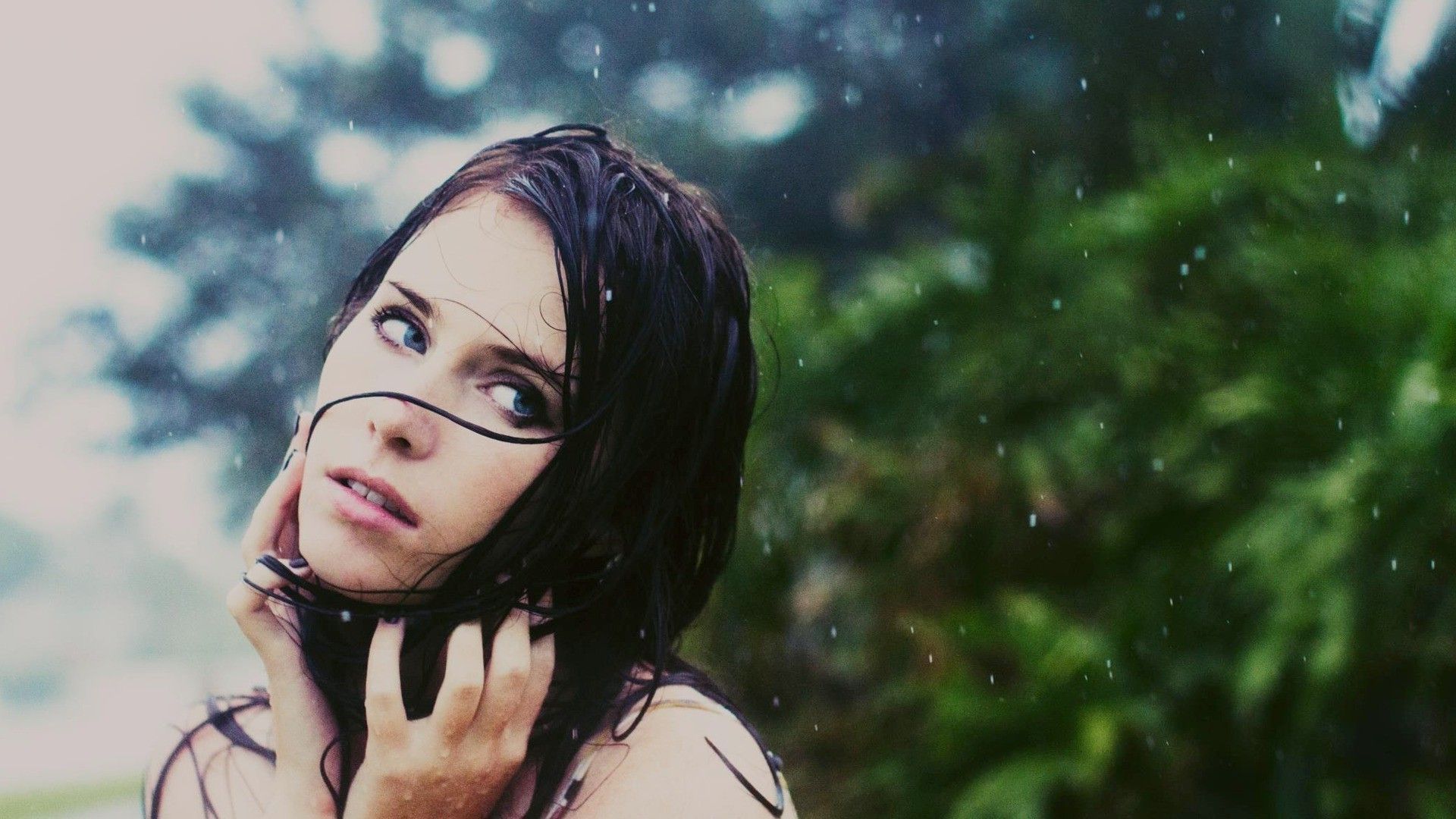 women, Blue Eyes, Wet Hair, Rain Wallpaper HD / Desktop and Mobile Background