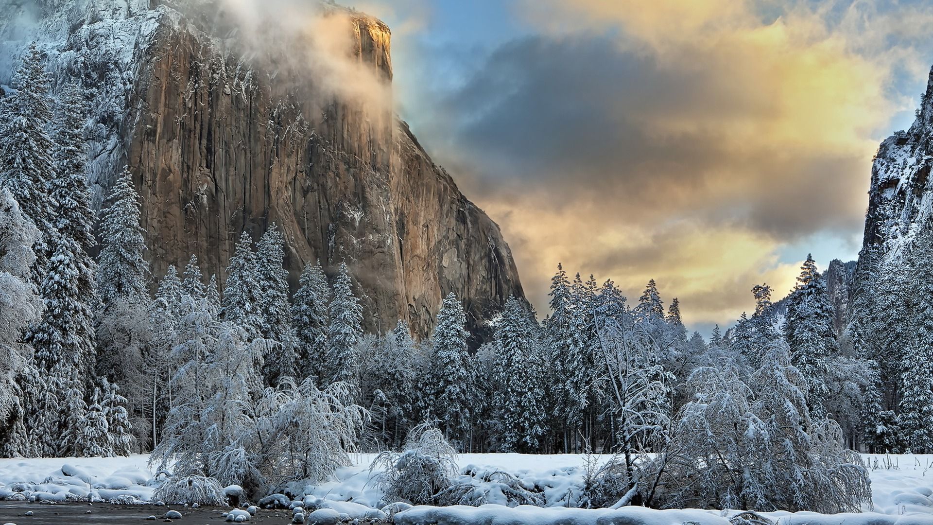 Download Wallpaper winter, Yosemite National Park, The Captain, section пейзажи Resolution 1920x1080. Landscape, Yosemite national park, Yosemite national