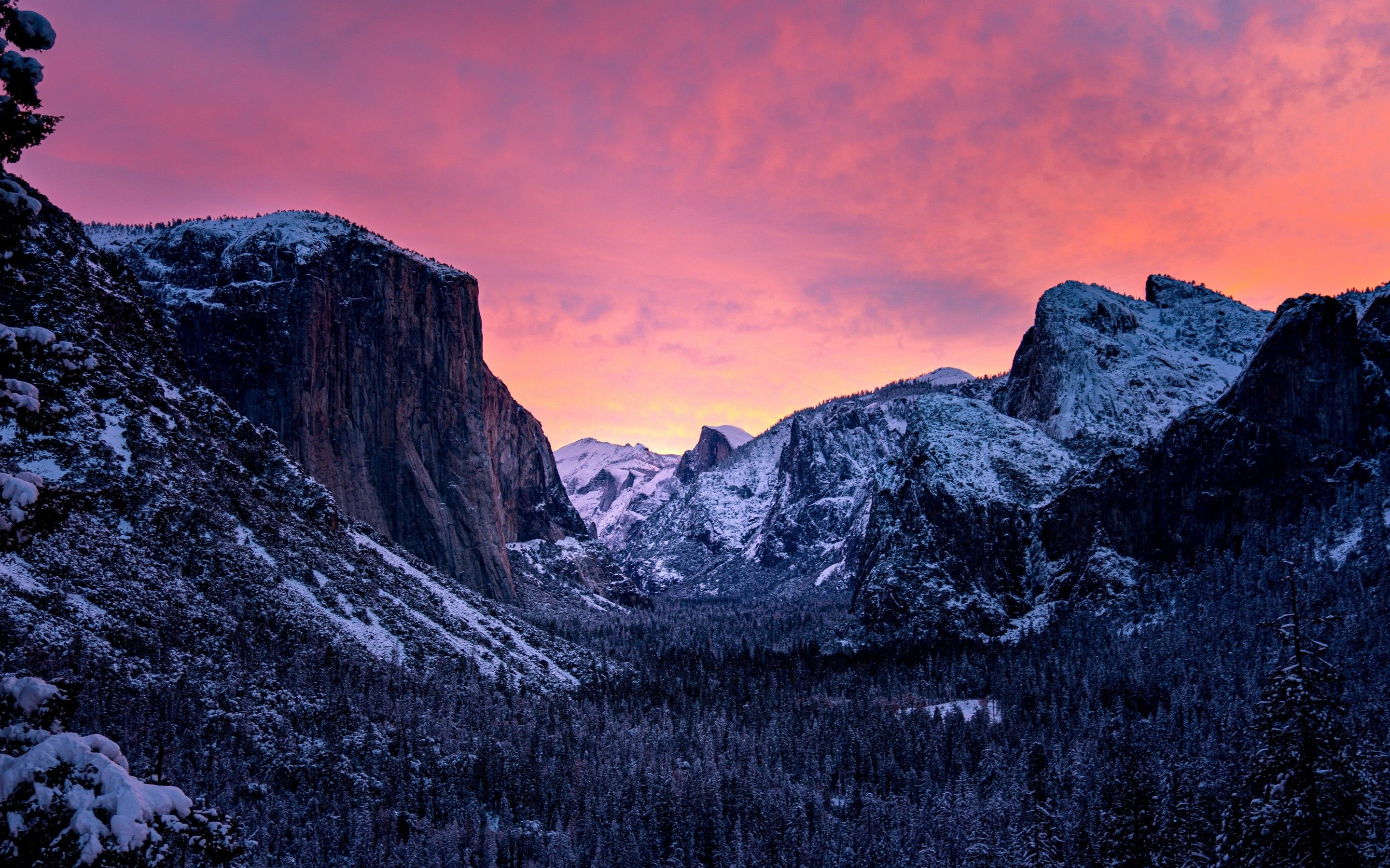 Download 2880x1800 Yosemite National Park, Sunset, Mountains, Snow, Winter Wallpaper for MacBook Pro 15 inch