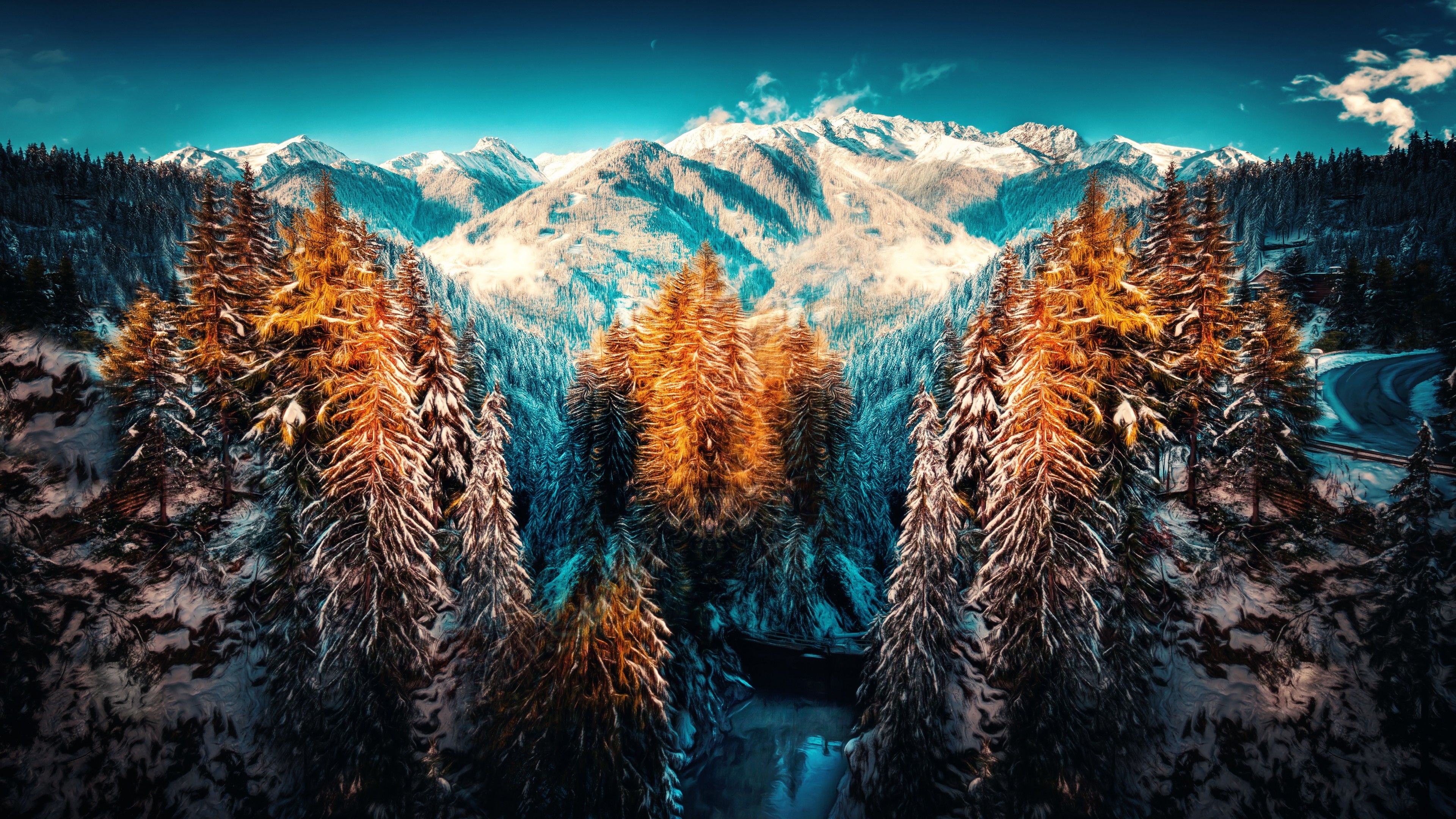 Snow Landscape Mountains Trees Forest 4k Landscape Desktop Background