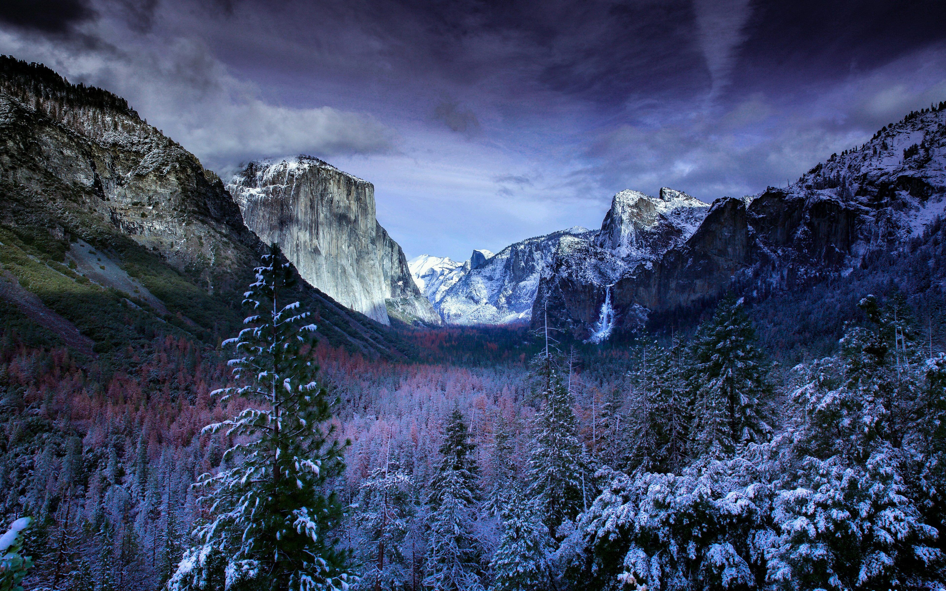 Download wallpaper Yosemite Valley, 4k, winter, american landmarks, Yosemite National Park, forest, California, USA, America for desktop with resolution 3840x2400. High Quality HD picture wallpaper