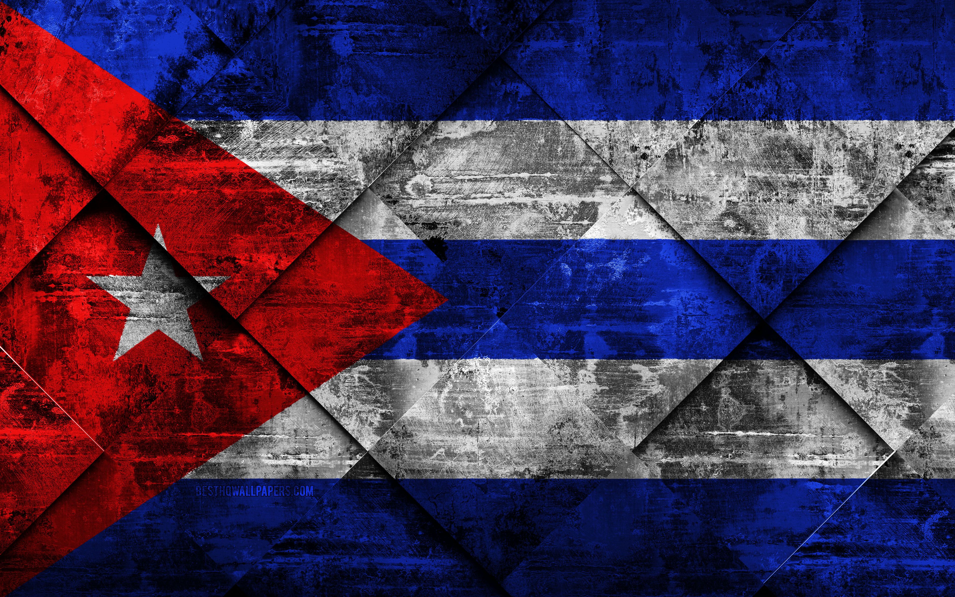 Download wallpaper Flag of Cuba, 4k, grunge art, rhombus grunge texture, Cuban flag, North America, national symbols, Cuba, creative art for desktop with resolution 3840x2400. High Quality HD picture wallpaper